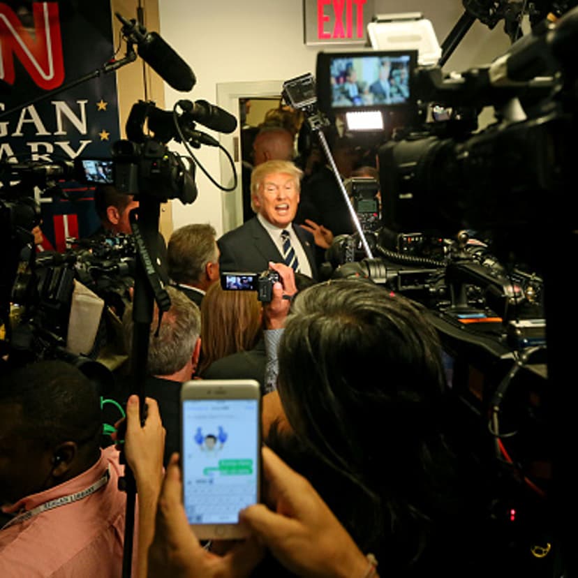 Republican presidential candidate Donald Trump speaks with reporters after the presidential debate at the Reagan Library on September 16, 2015 in Simi Valley, California.
