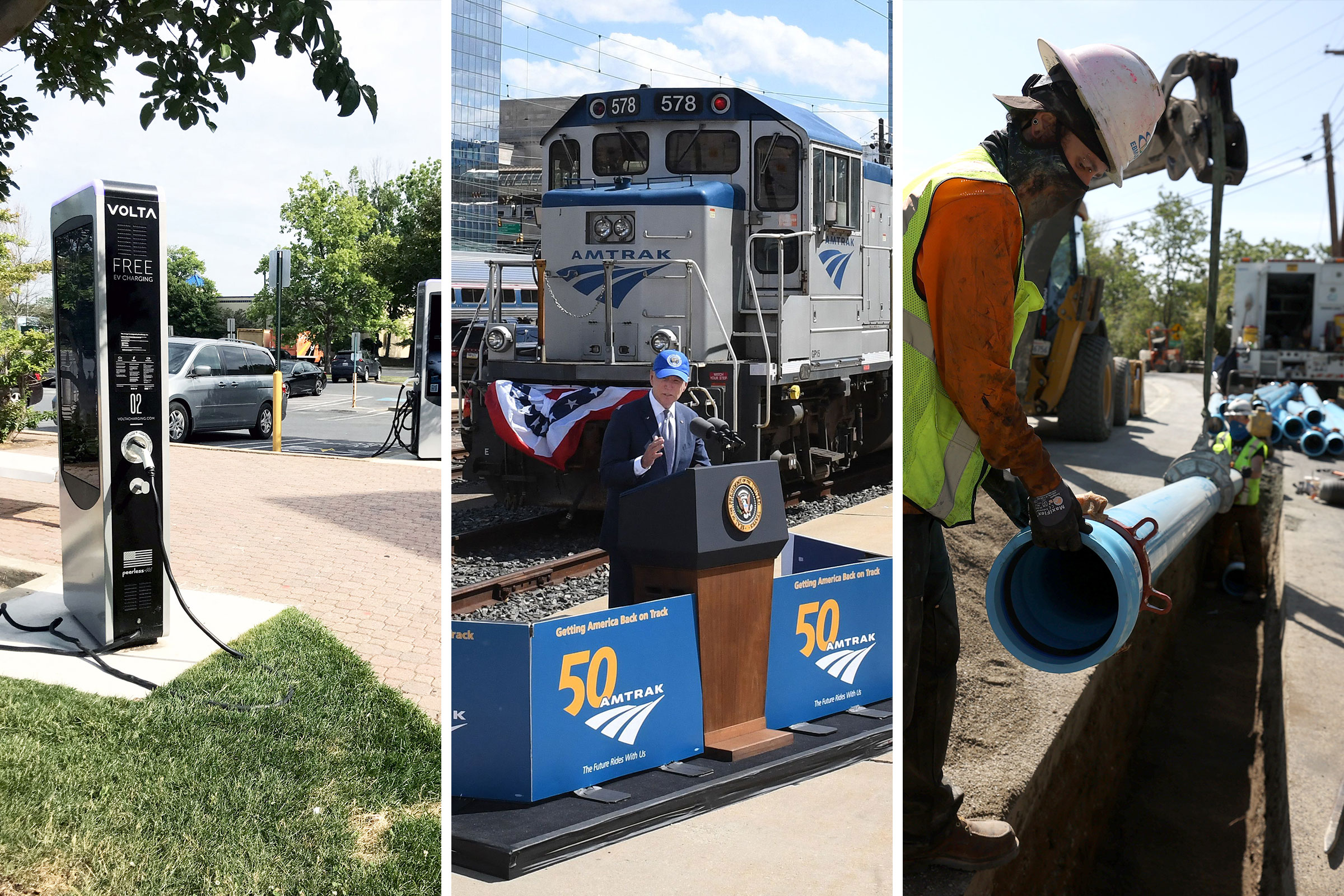 Electric car charging stations in Rockville, MD; President Joe Biden delivers remarks at an event marking Amtrak's 50th Anniversary in Philadelphia, PA; Workers with East Bay Municipal Utility District install new water pipes in Walnut Creek, CA