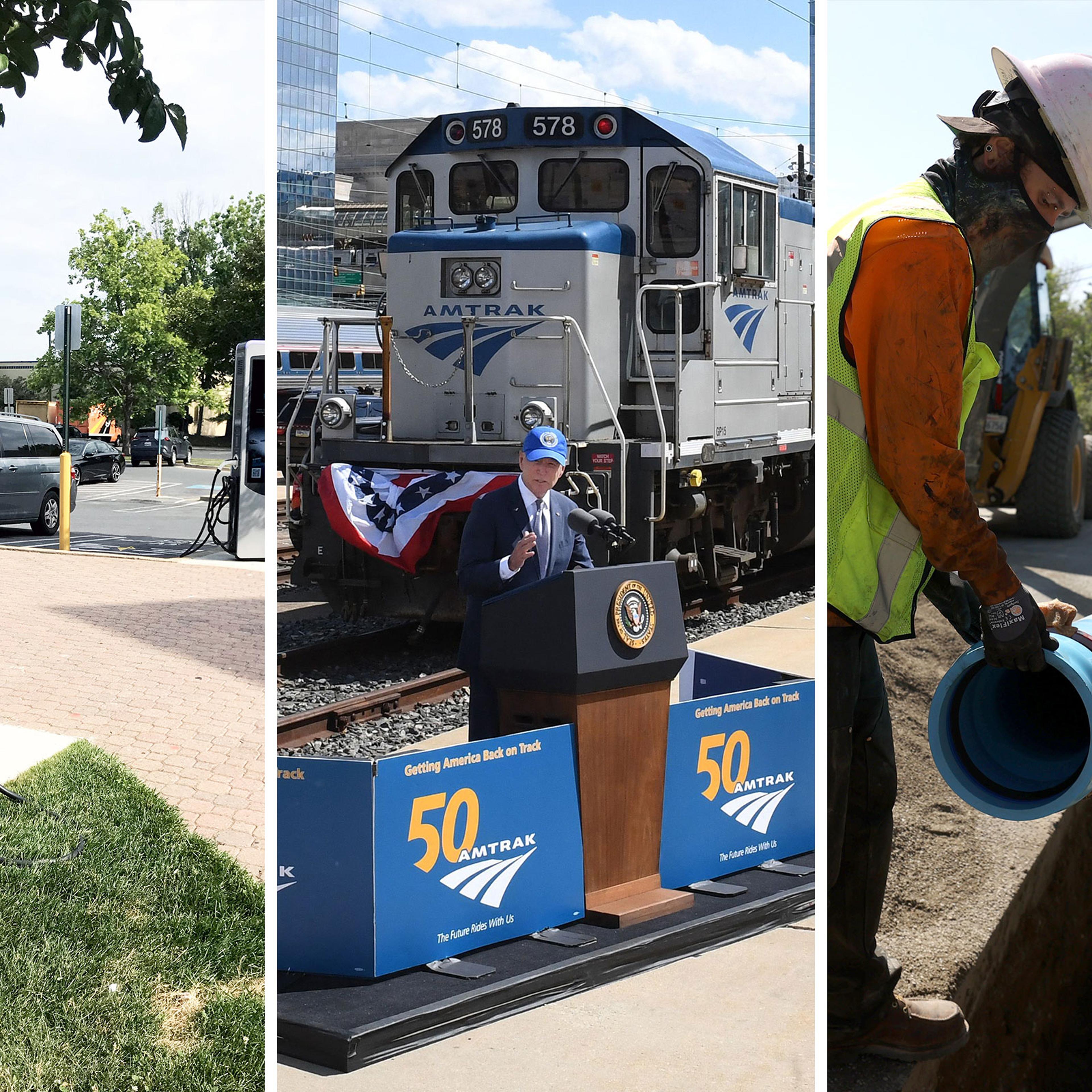 Electric car charging stations in Rockville, MD; President Joe Biden delivers remarks at an event marking Amtrak's 50th Anniversary in Philadelphia, PA; Workers with East Bay Municipal Utility District install new water pipes in Walnut Creek, CA