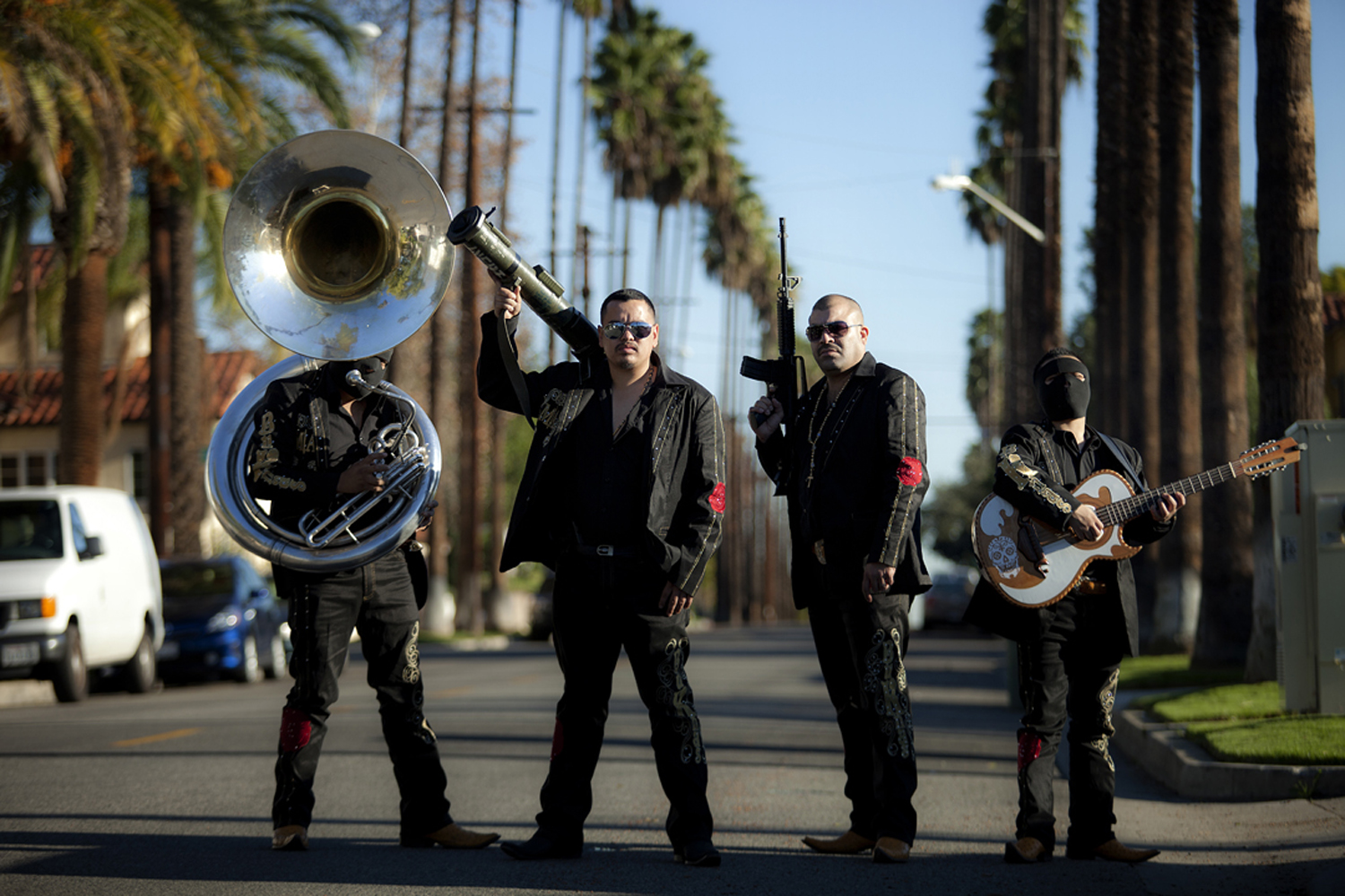Edgar Quintero (with bazooka) and his band in Shaul Schwarz's <i>Narco Cultura</i>.