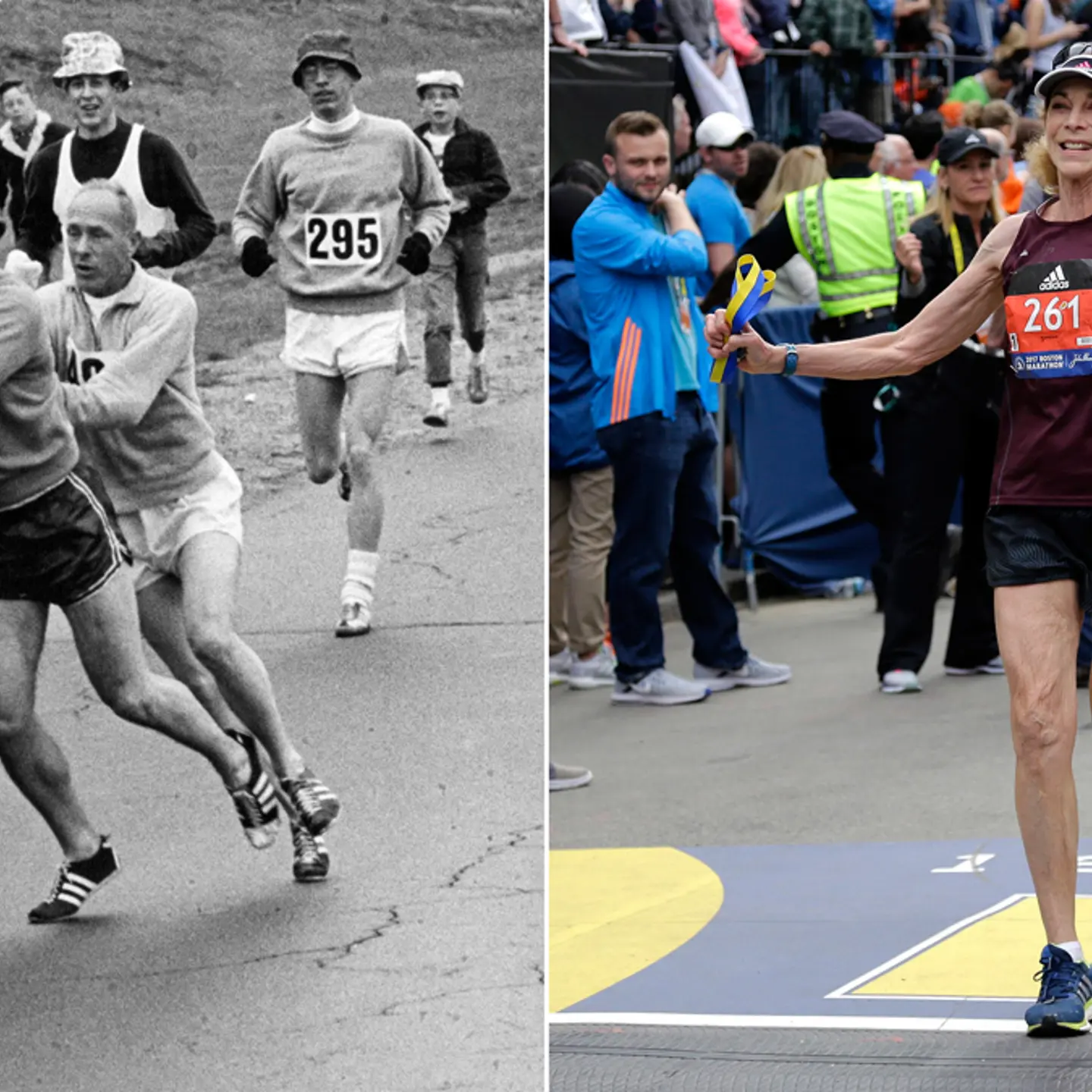 Left: Kathrine Switzer, of Syracuse, N.Y., runs in the Boston Marathon on April 19, 1967, as a race official tries to rip off her bib number. Right, Switzer completes the 2017 marathon.