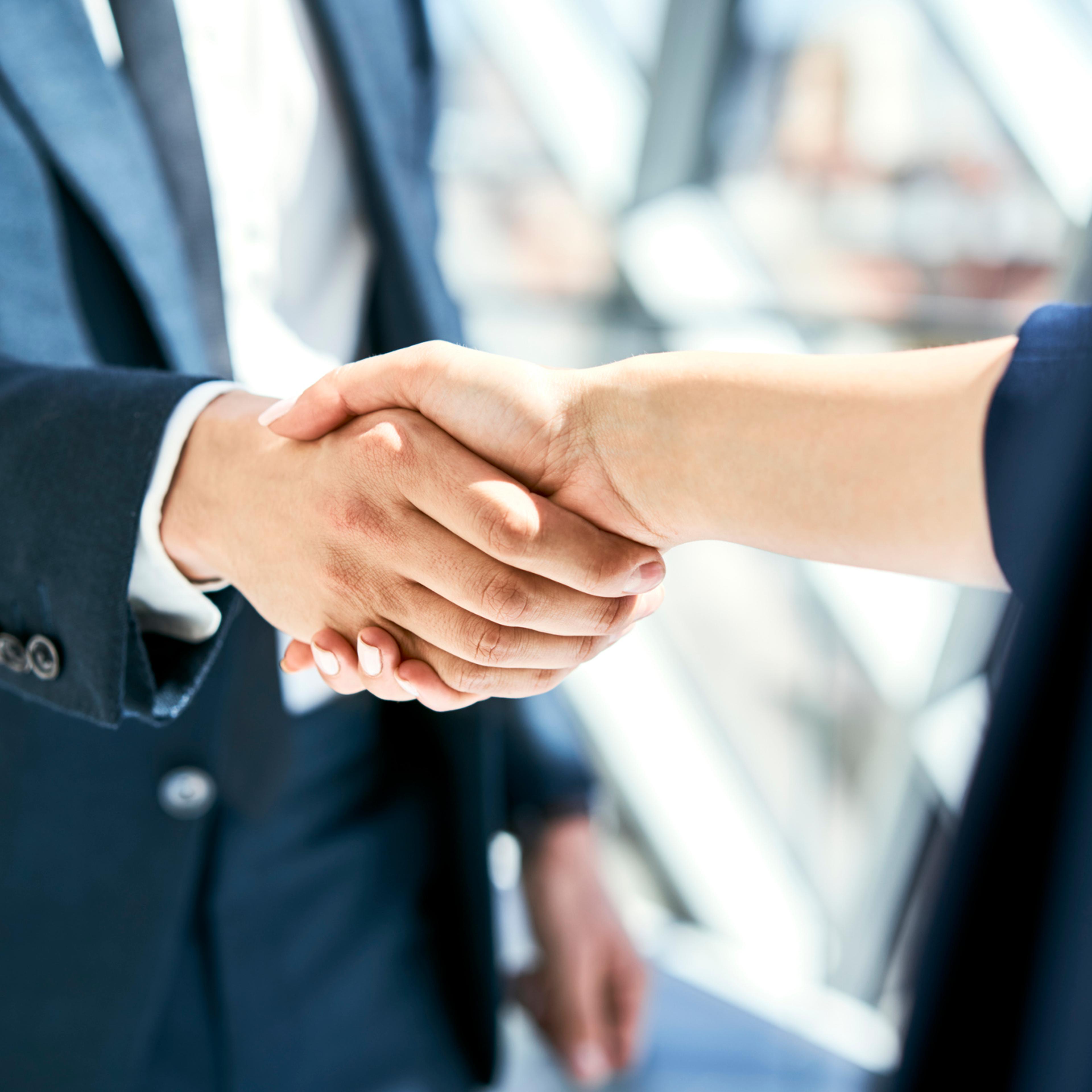 Close-up of handshake of businesswoman and businessman