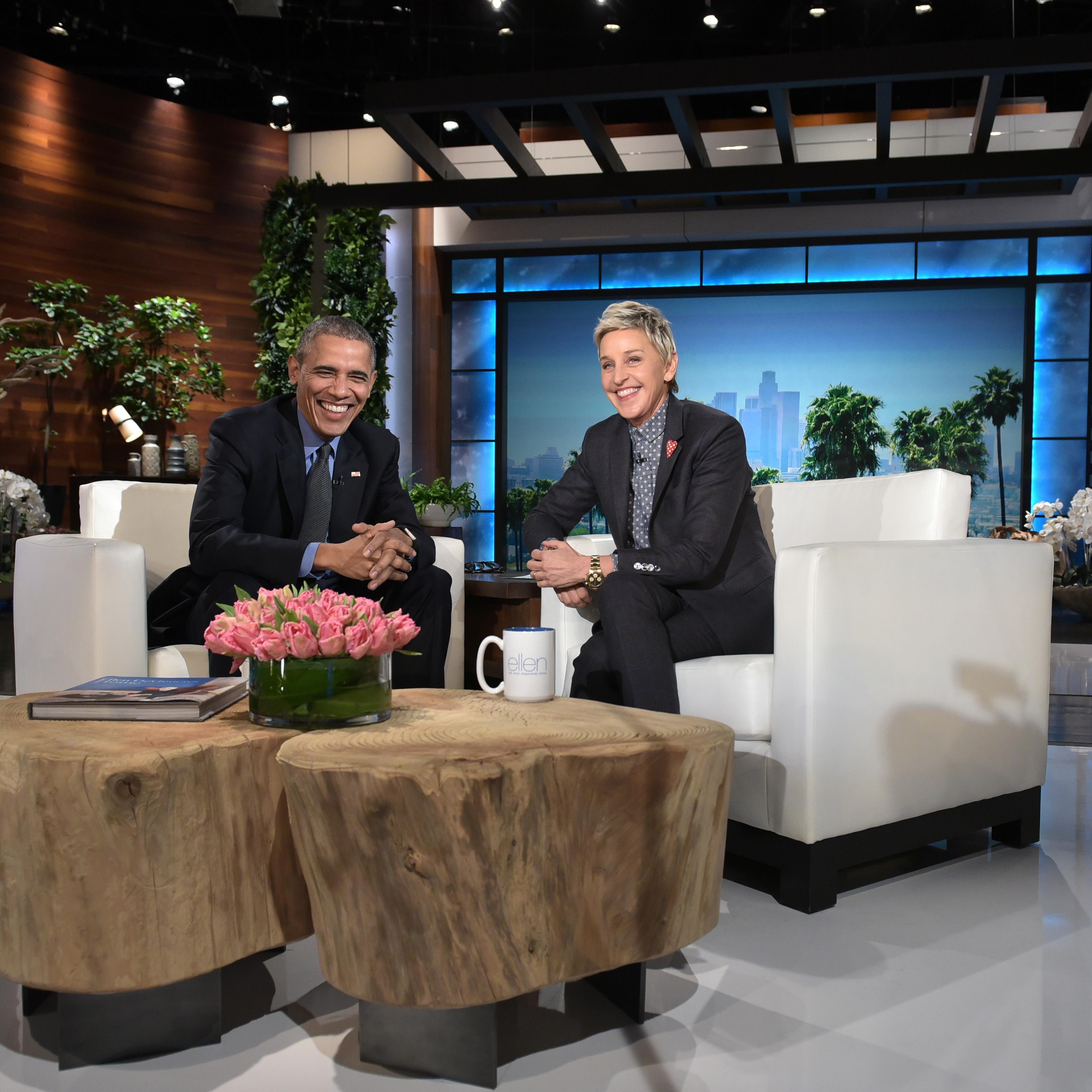 US President Barack Obama and talk show host Ellen DeGeneres are seen during a break in the taping of The Ellen DeGeneres show at Warner Brothers Studios in Burbank, Calif. on Feb. 11, 2016.