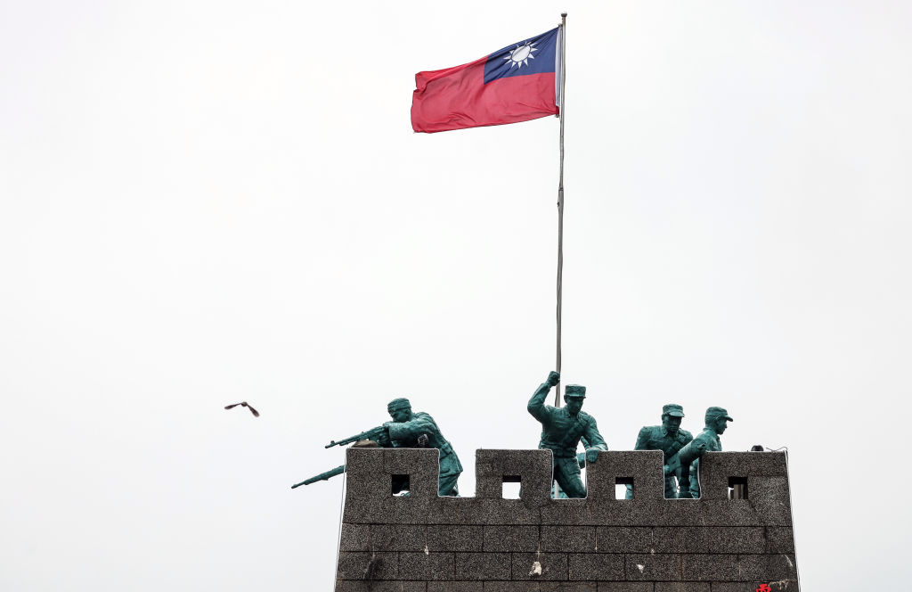 Statues of soldiers on the Bada Tower in Kinmen, Taiwan, on May 22, 2024.