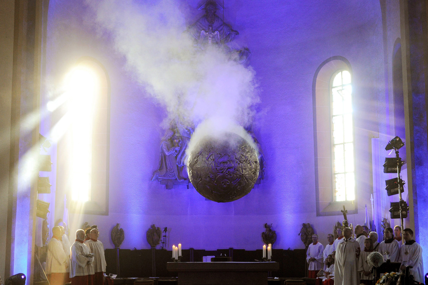 March 25, 2012. The alleged world's largest thurible swings in operation in the St. Jodokus church in Waghaeusel-Wiesental, Germany.