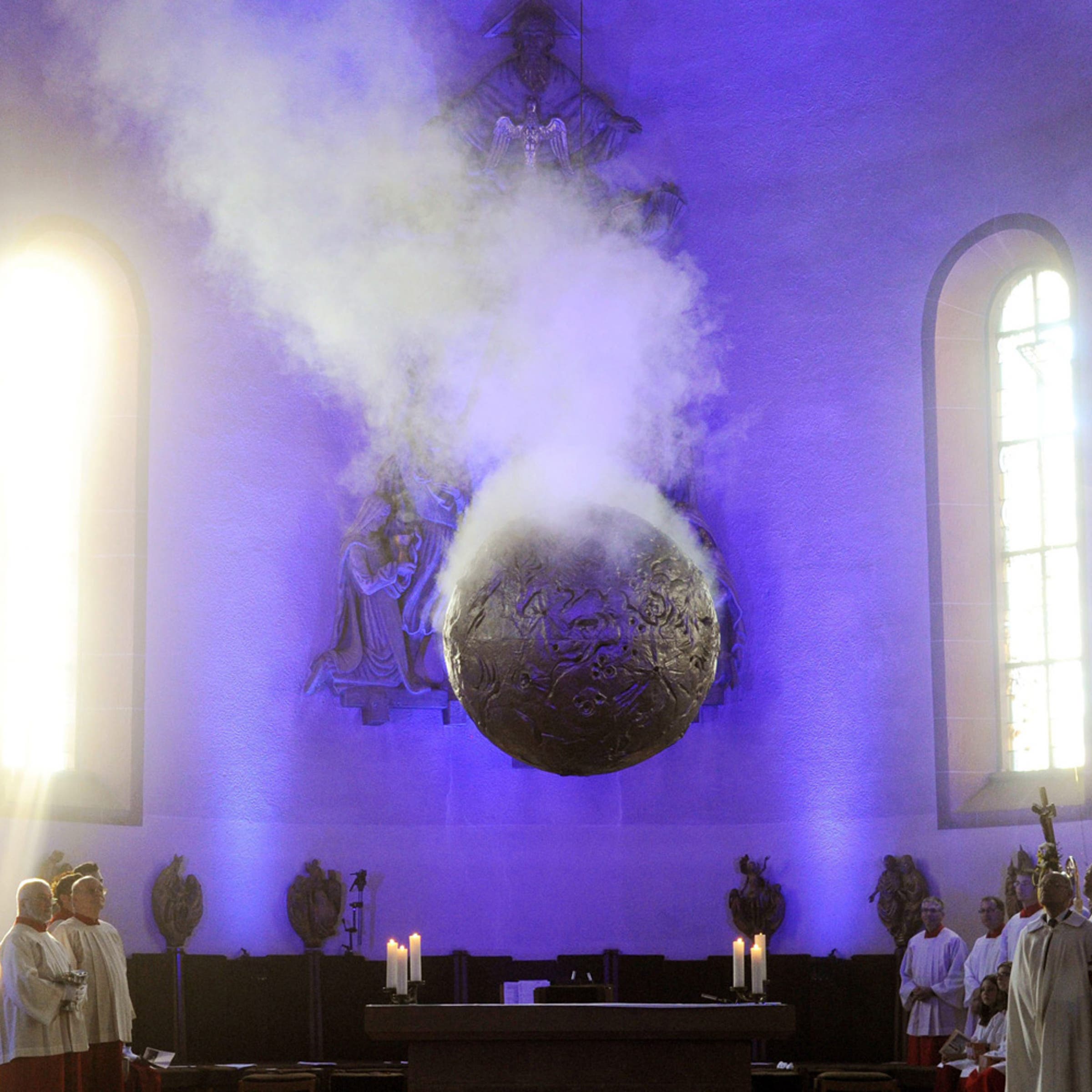 March 25, 2012. The alleged world's largest thurible swings in operation in the St. Jodokus church in Waghaeusel-Wiesental, Germany.