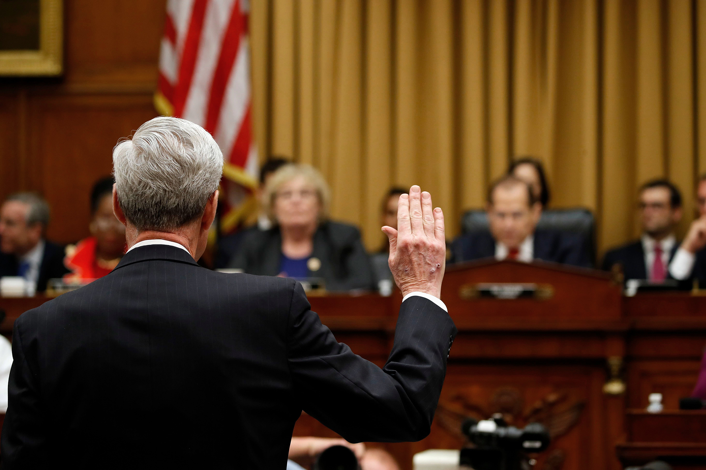 Former Special Counsel Robert Mueller is sworn in to testify before the House Judiciary Committee hearing on his report on Russian election interference in Washington, D.C., on July 24, 2019.