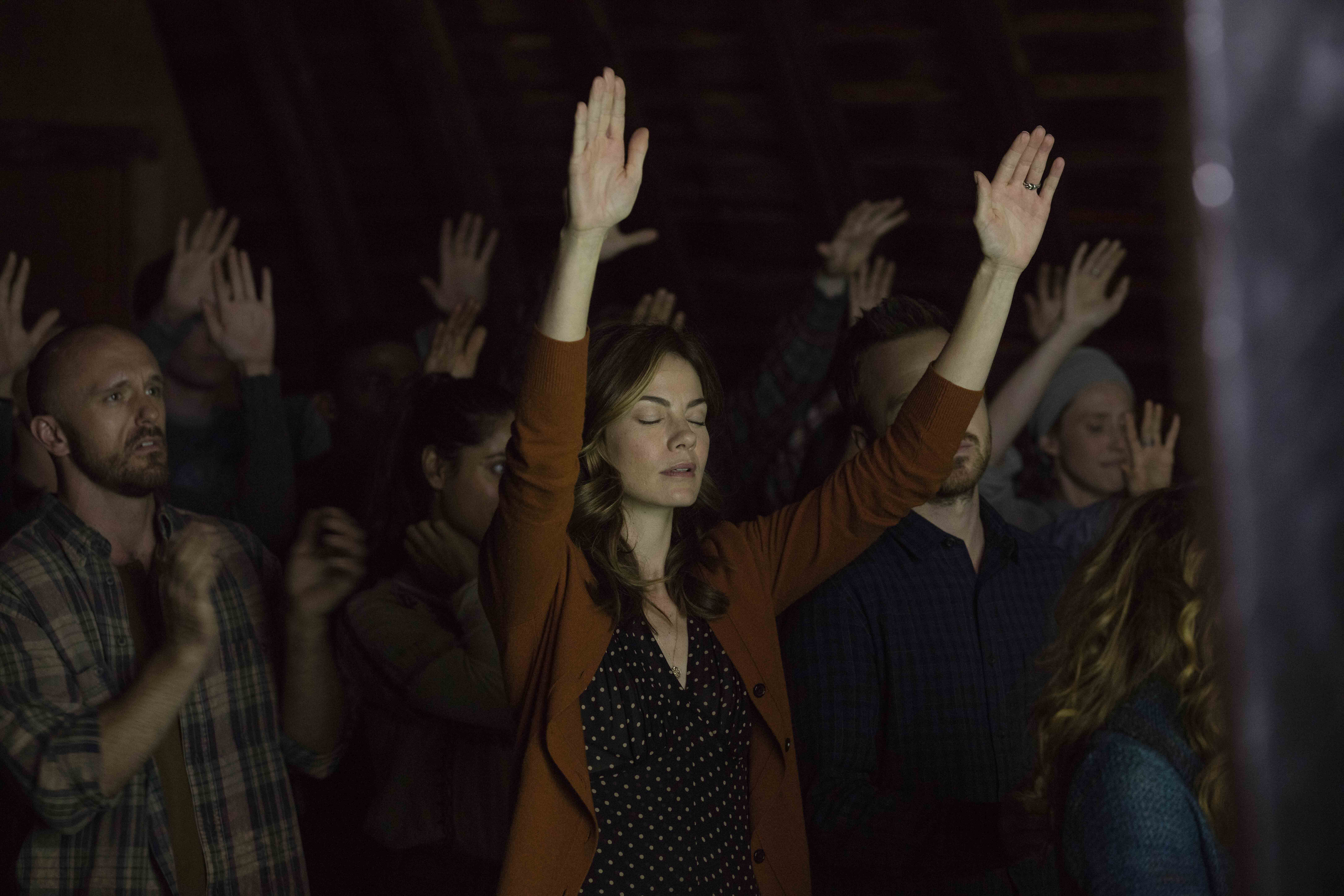 Michelle Monaghan as Sarah Lane, an important figure in the fictional Meyerist movement in Hulu's <i>The Path</i>