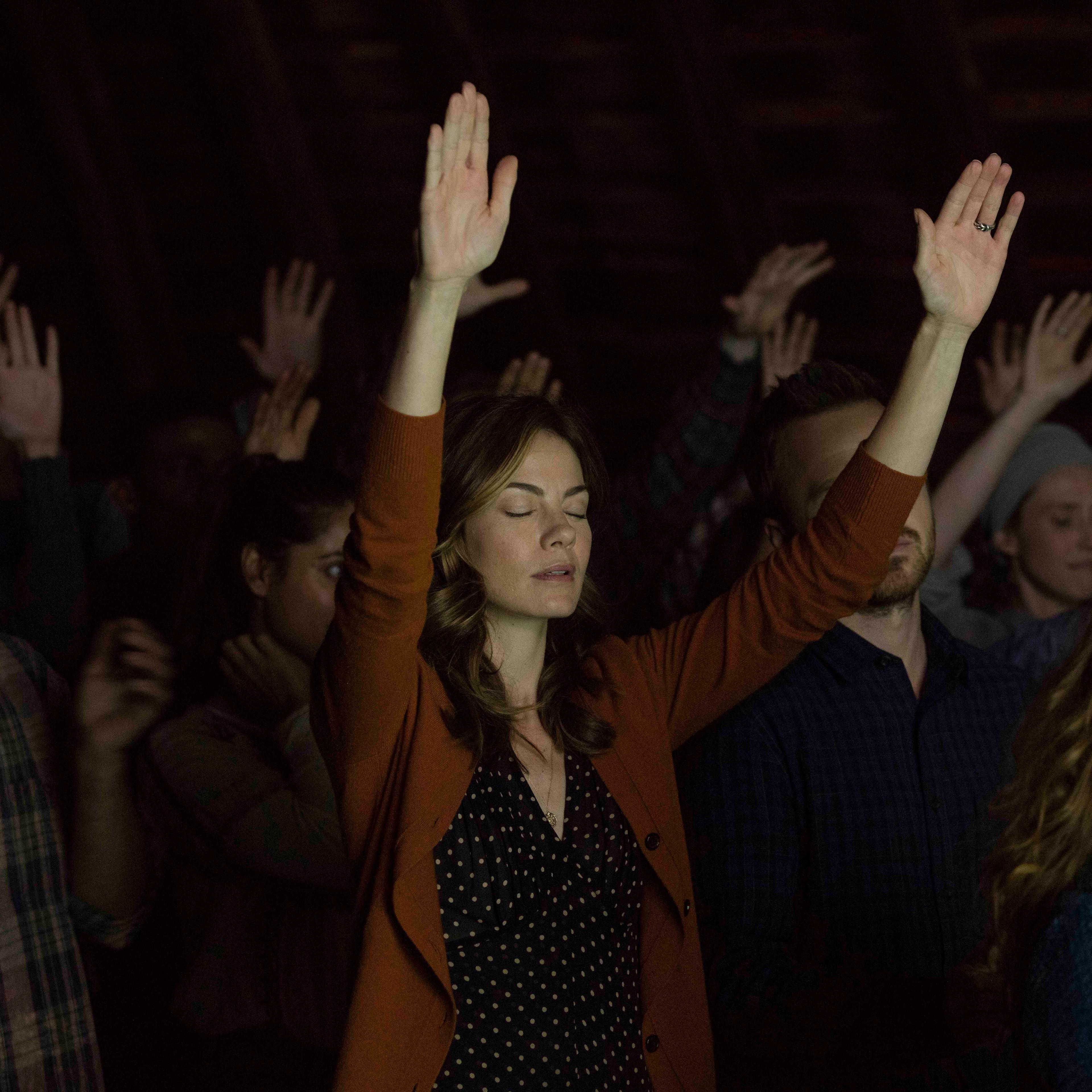 Michelle Monaghan as Sarah Lane, an important figure in the fictional Meyerist movement in Hulu's <i>The Path</i>
