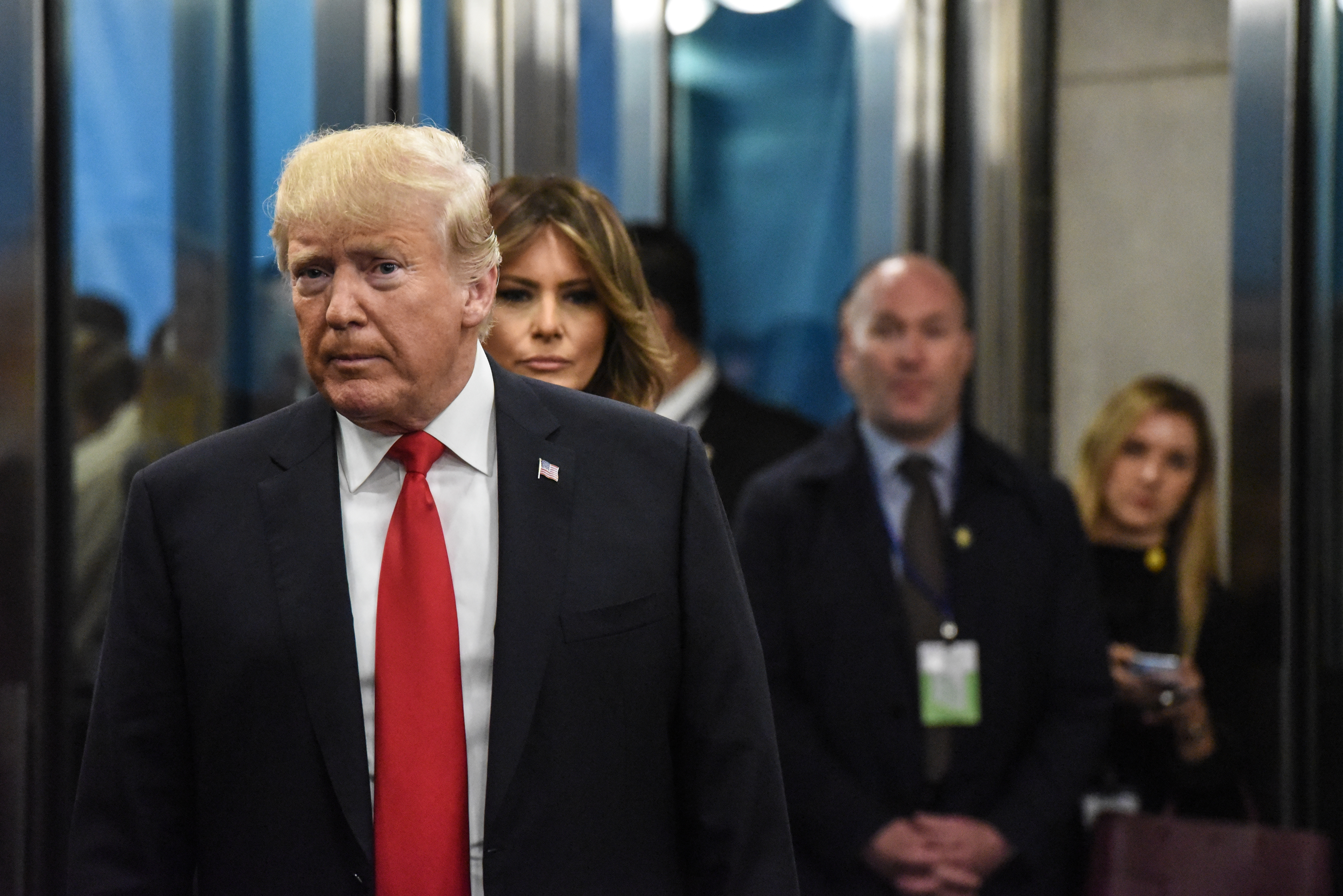 U.S. President Donald Trump addresses the media along with U.S. First Lady Melania Trump during his arrival at the United Nations during the United Nations General Assembly on Sept. 25, 2018 in New York City.