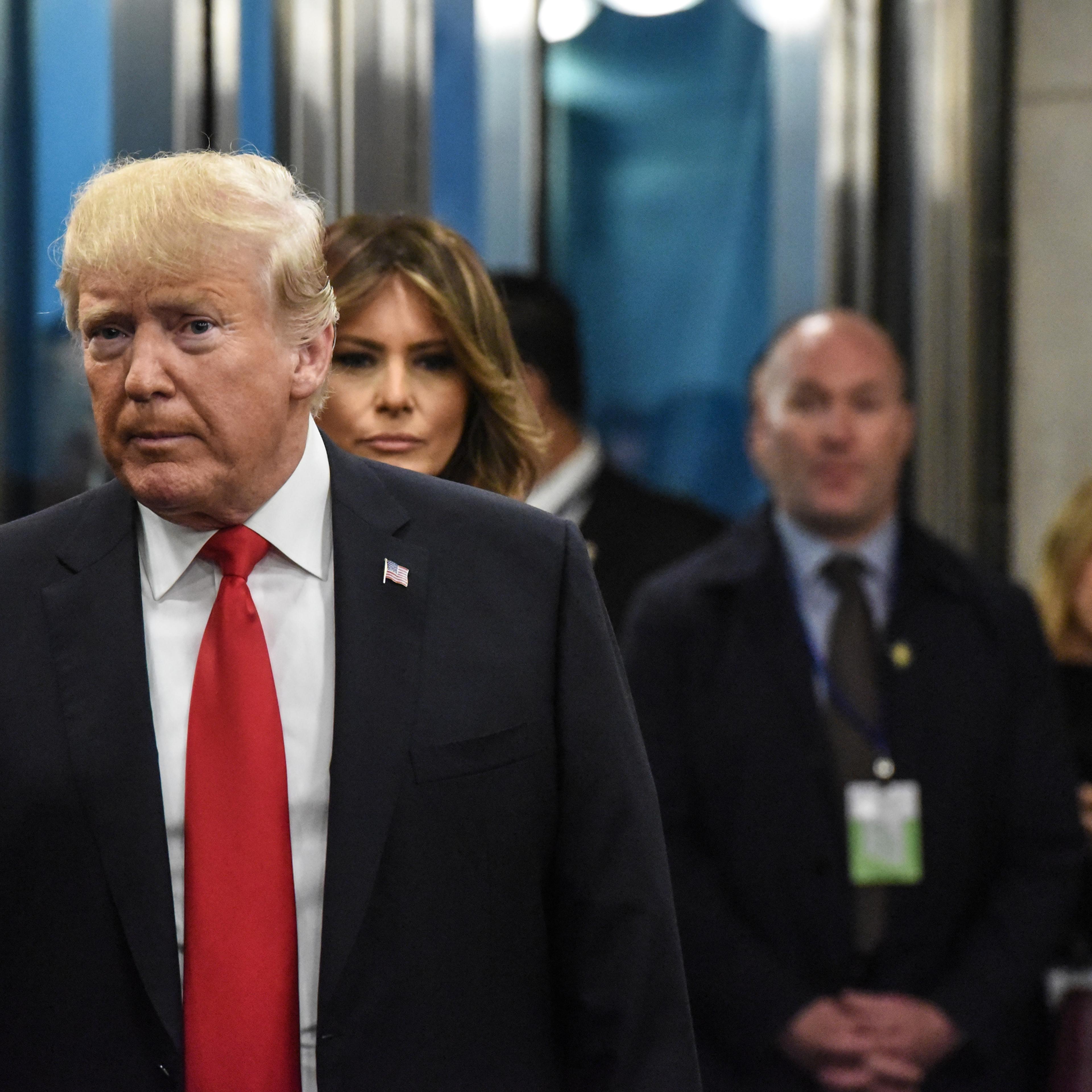 U.S. President Donald Trump addresses the media along with U.S. First Lady Melania Trump during his arrival at the United Nations during the United Nations General Assembly on Sept. 25, 2018 in New York City.