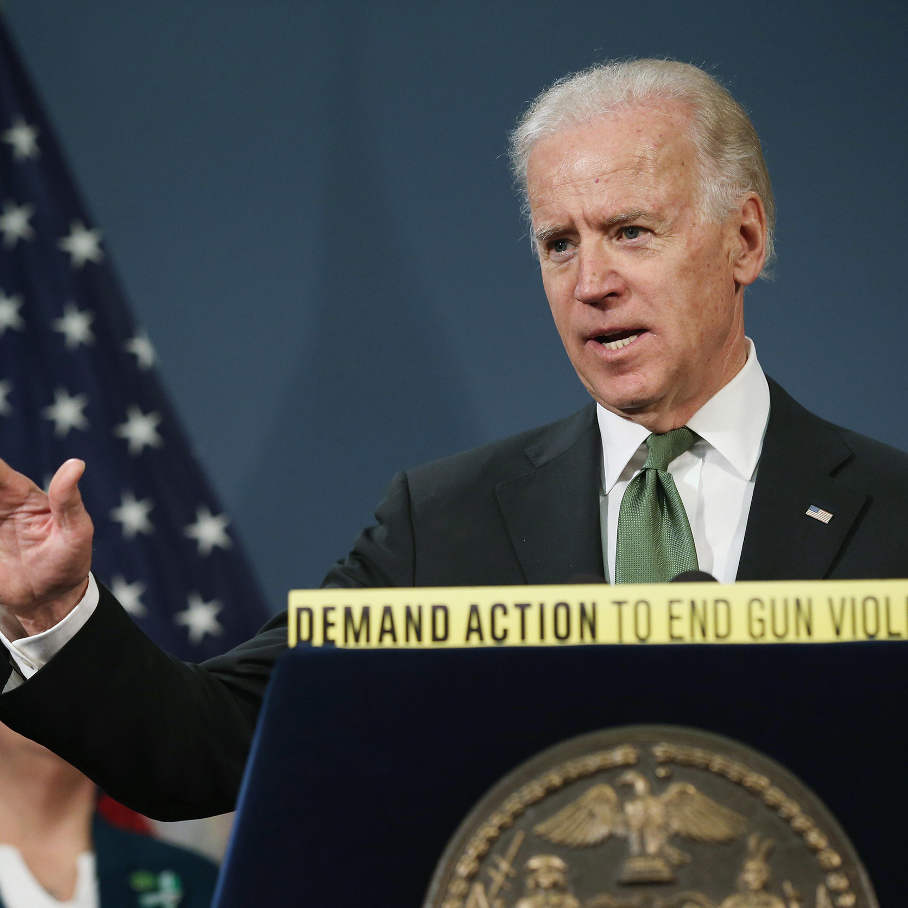Former Vice President Joe Biden speaks in favor of gun reform legislation at a press conference with family members of Sandy Hook shooting victims on March 21, 2013 in New York City.