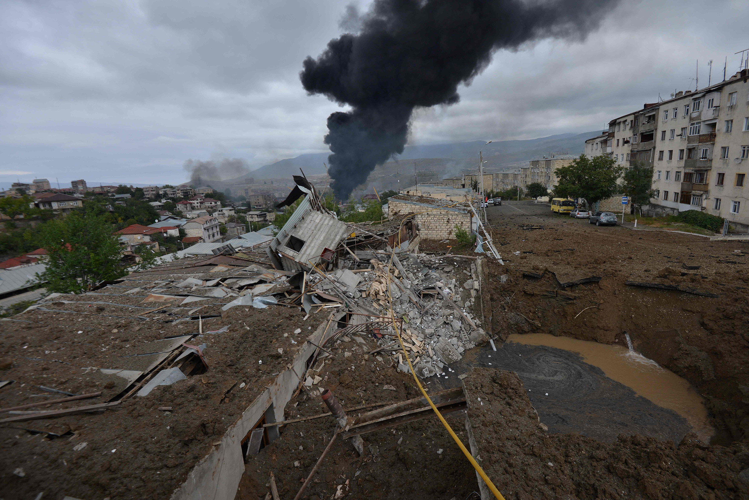 The aftermath of shelling in Stepanakert, Nagorno-Karabakh is seen on Oct. 4, 2020.