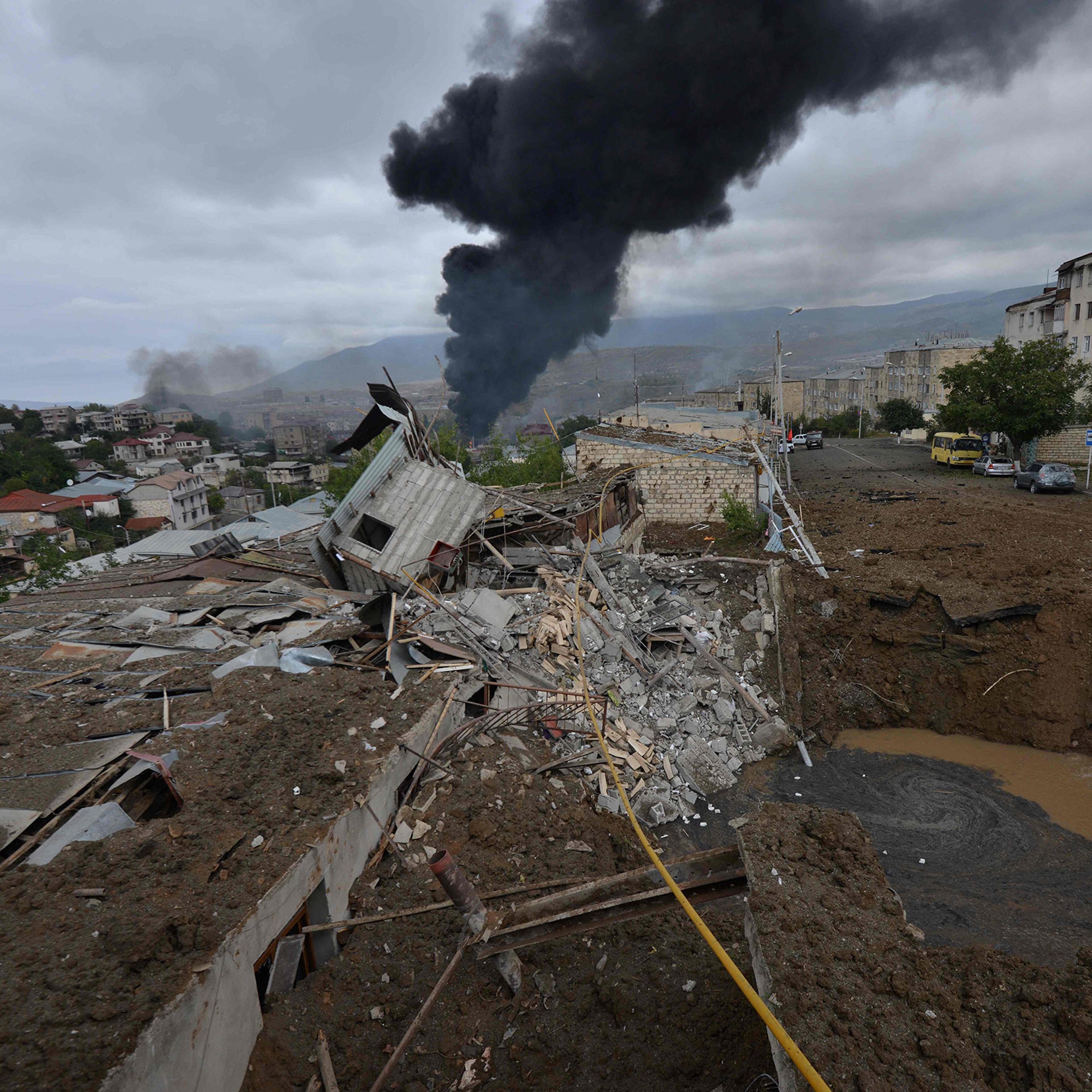 The aftermath of shelling in Stepanakert, Nagorno-Karabakh is seen on Oct. 4, 2020.