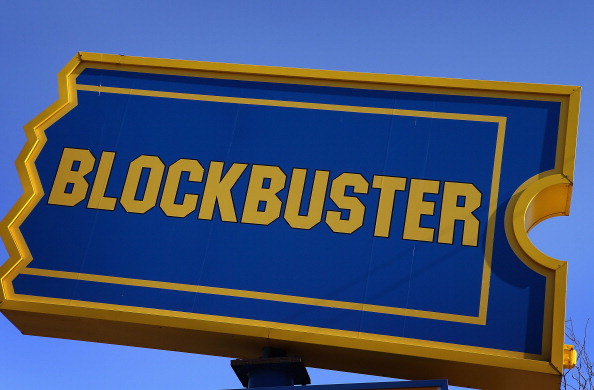 A sign marks the location of a Blockbuster video store in Chicago, Illinois on January 22, 2013.