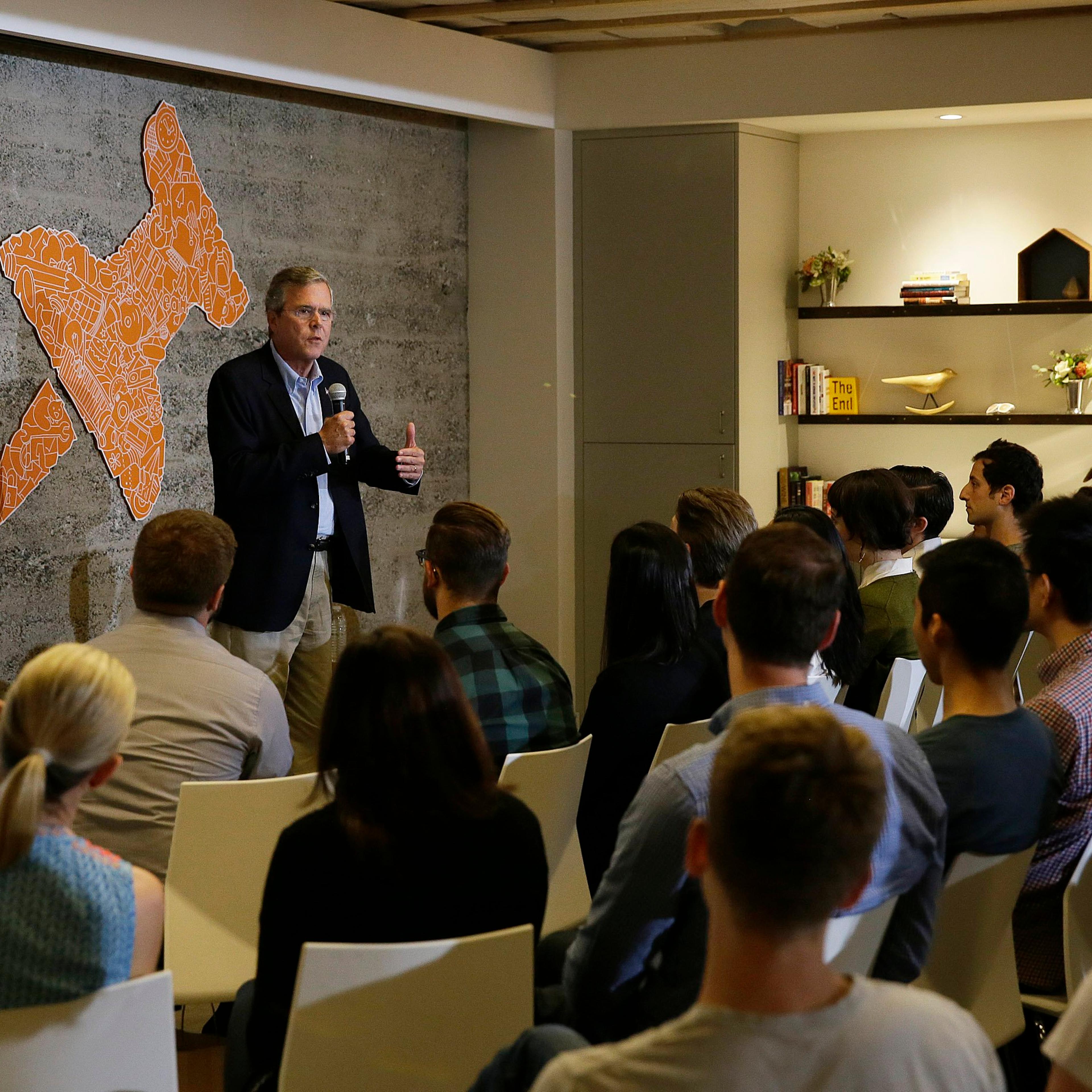 Republican presidential candidate, former Florida Gov. Jeb Bush, gestures while speaking to employees at Thumbtack, an online startup on July 16, 2015, in San Francisco.