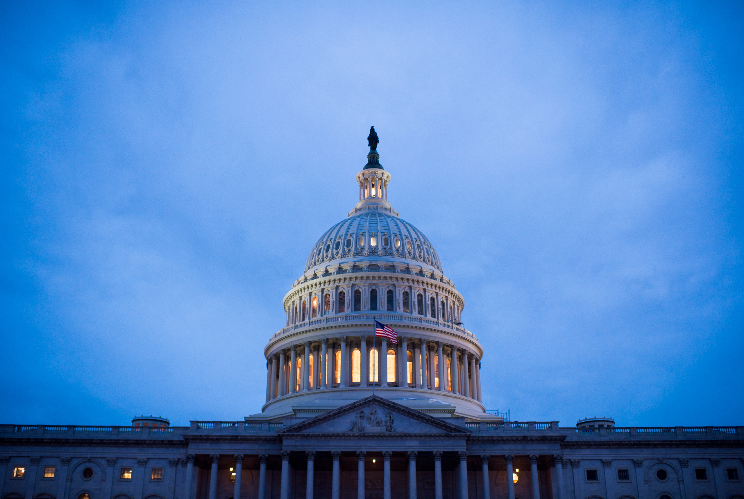 UNITED STATES - SEPTEMBER 26: ​The recently restored U.S. Capitol dome is lit by lights in Washington on Monday evening, Sept. 26, 2016. (Photo By Bill Clark/CQ Roll Call) (CQ Roll Call via AP Images)