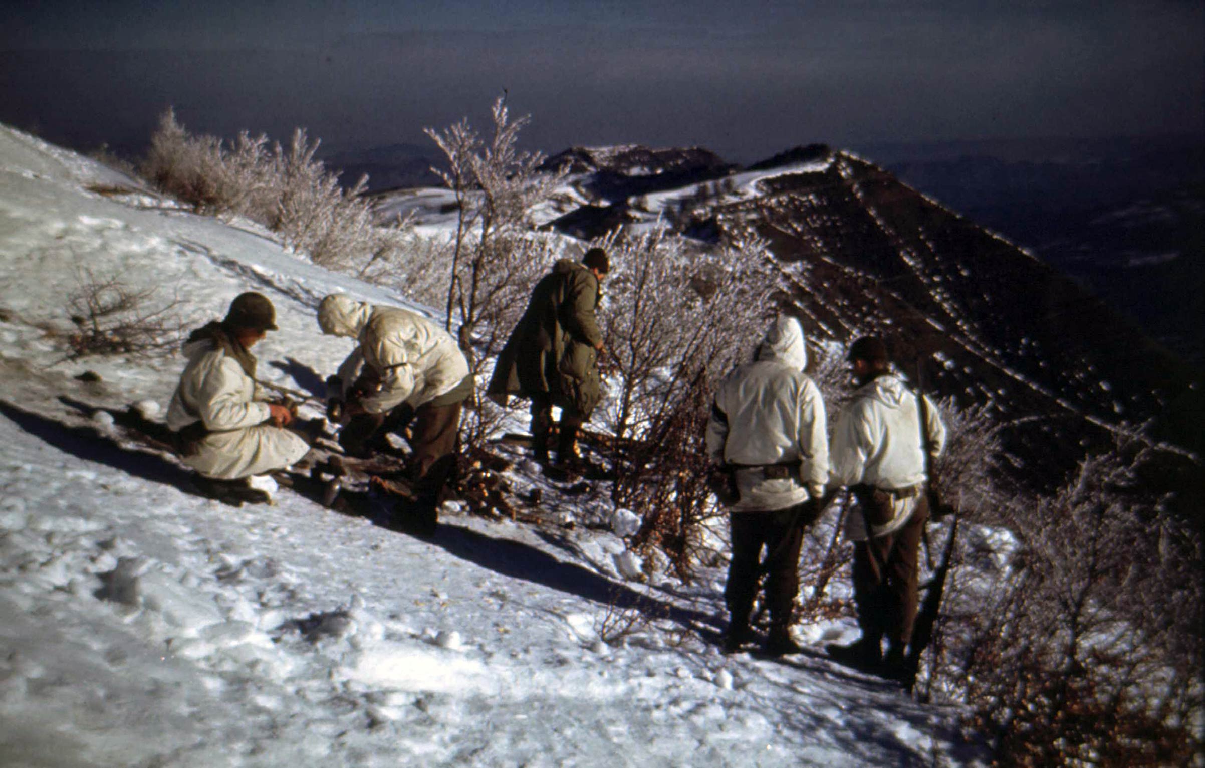 Five 10th Mountain Division soldiers, members of the 86th Regiment, Company F, on Riva Ridge in Italy, c. 1945.