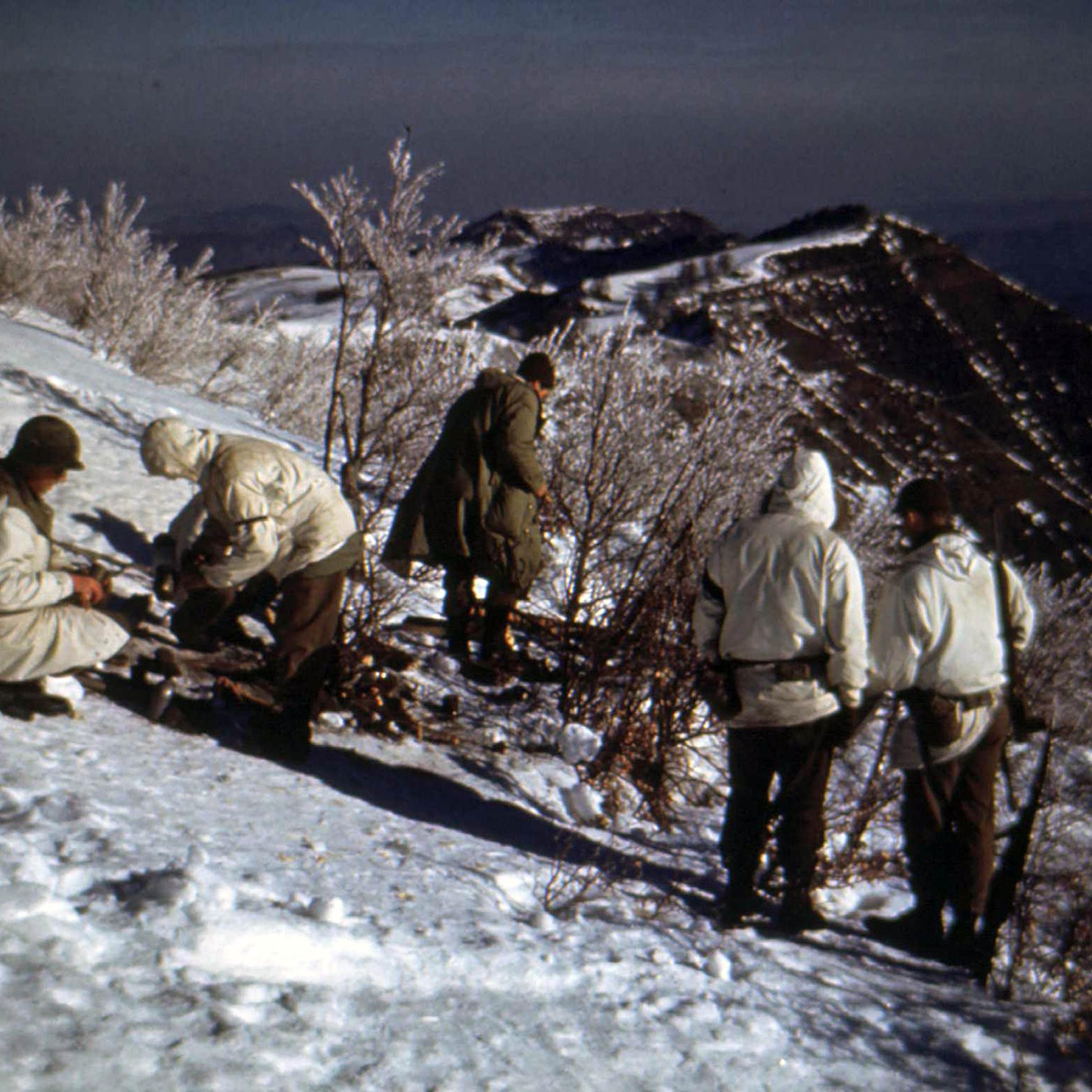 Five 10th Mountain Division soldiers, members of the 86th Regiment, Company F, on Riva Ridge in Italy, c. 1945.