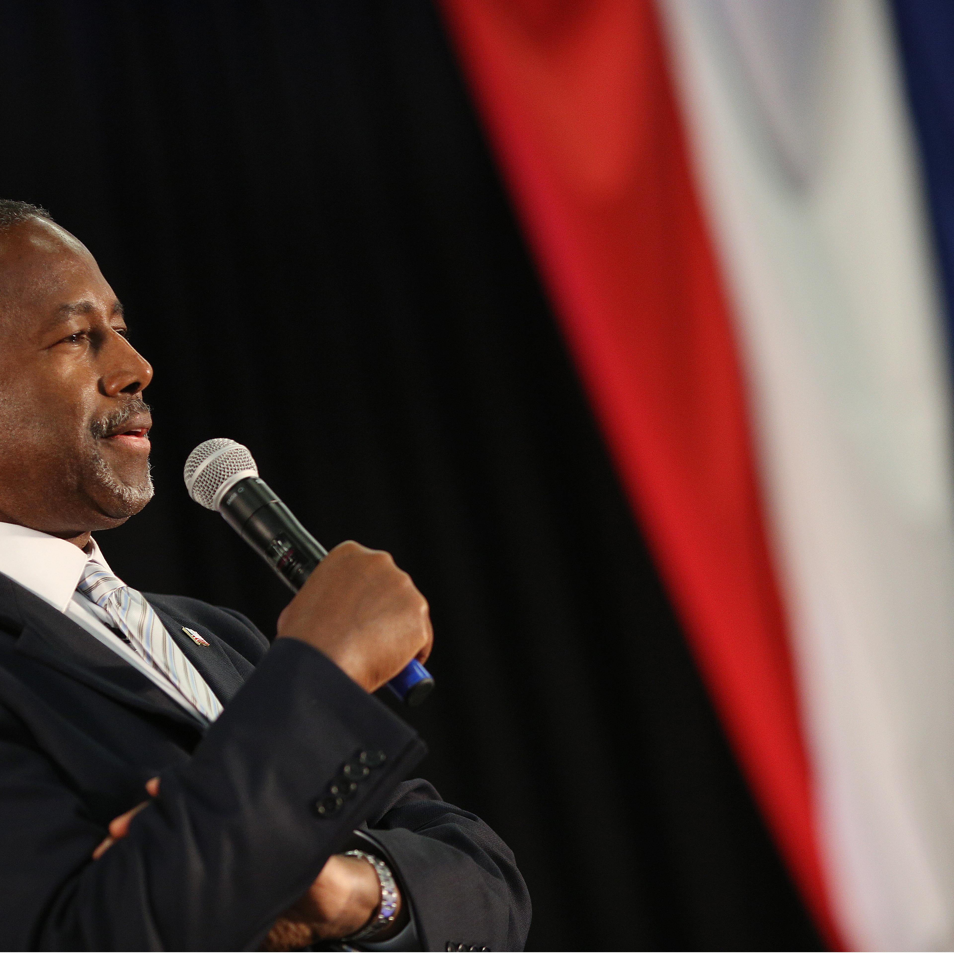 Ben Carson, 2016 Republican presidential candidate, speaks during a rally at Spring Arbor University in Spring Arbor, Michigan, U.S., on Sept. 23, 2015.