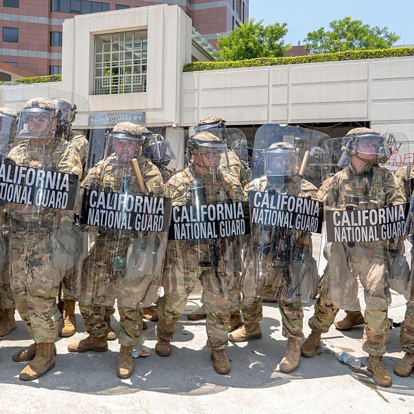 National Guard soldiers outside the Edward R. Roybal Federal Building during a demonstration in Los Angeles, California, U.S, on June 8, 2025.
