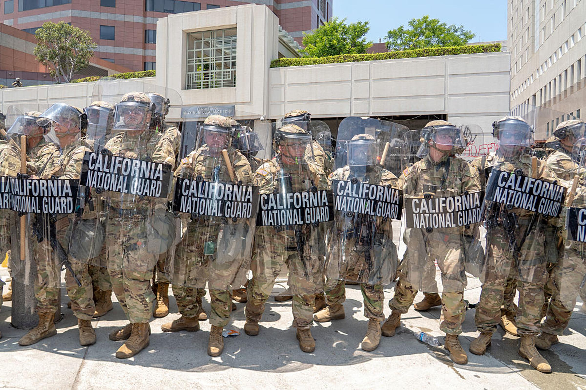 National Guard soldiers outside the Edward R. Roybal Federal Building during a demonstration in Los Angeles, California, U.S, on June 8, 2025.