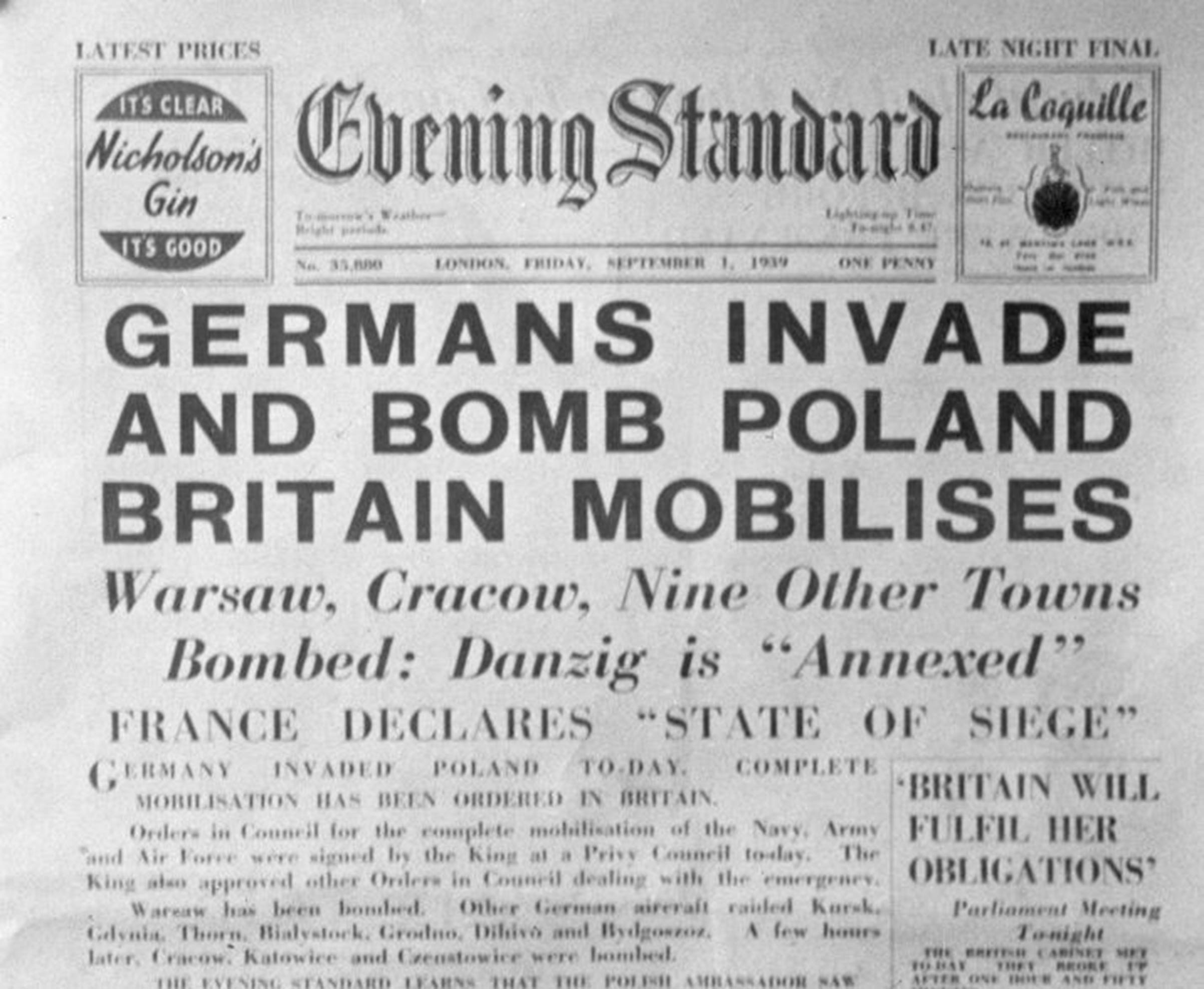 The front page of London's <i>Evening Standard</i> newspaper on Sept. 1, 1939, announcing the German invasion of Poland.