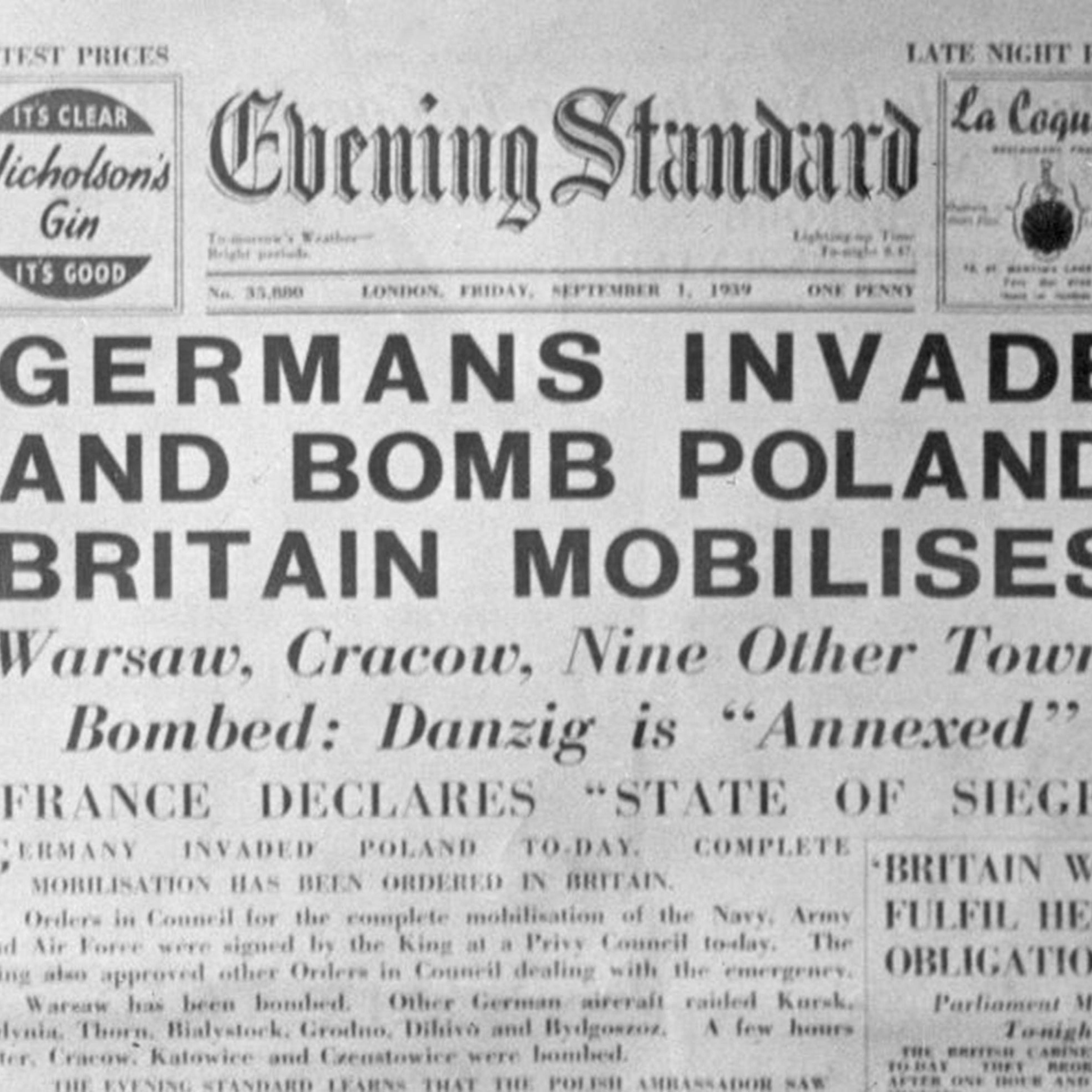 The front page of London's <i>Evening Standard</i> newspaper on Sept. 1, 1939, announcing the German invasion of Poland.