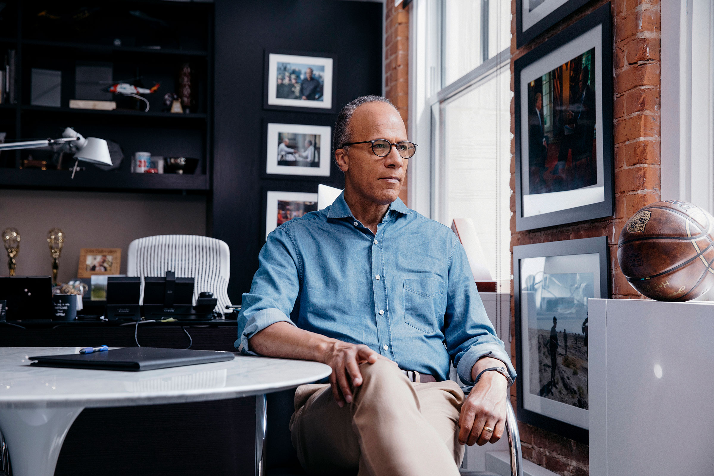Lester Holt, journalist and news anchor for the weekday edition of NBC Nightly News and Dateline NBC, in his office