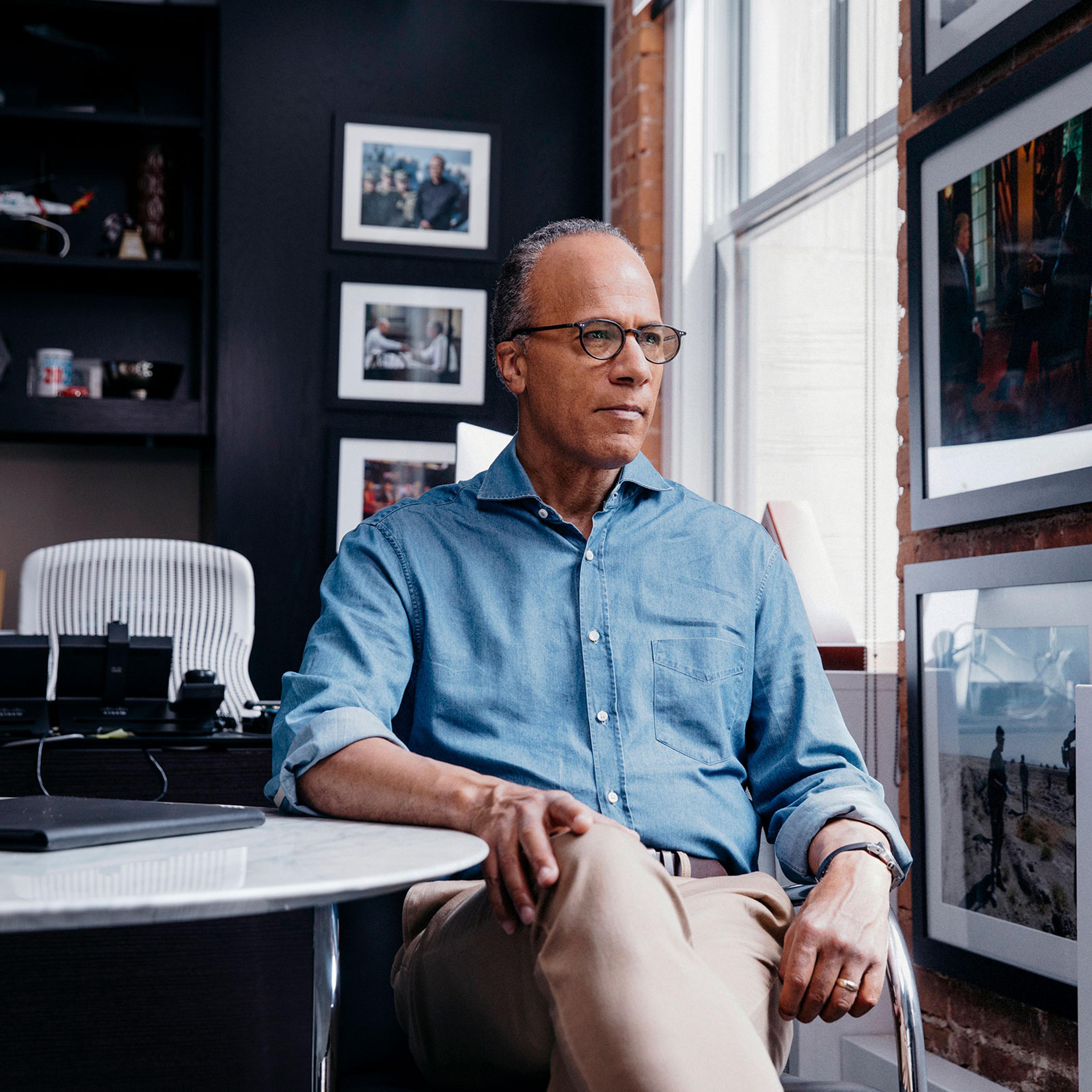 Lester Holt, journalist and news anchor for the weekday edition of NBC Nightly News and Dateline NBC, in his office