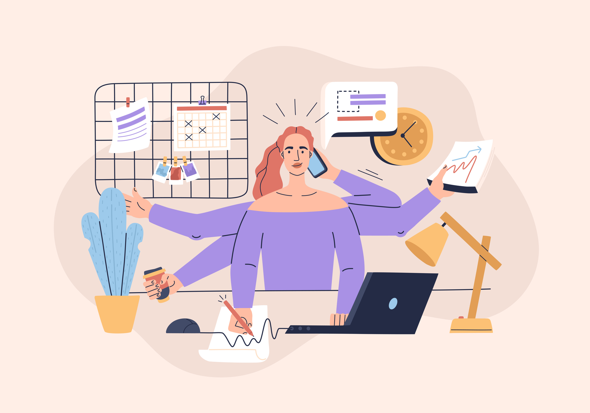 Multitasking girl performs many tasks at the same time. Concept of workplace at home for a freelancer