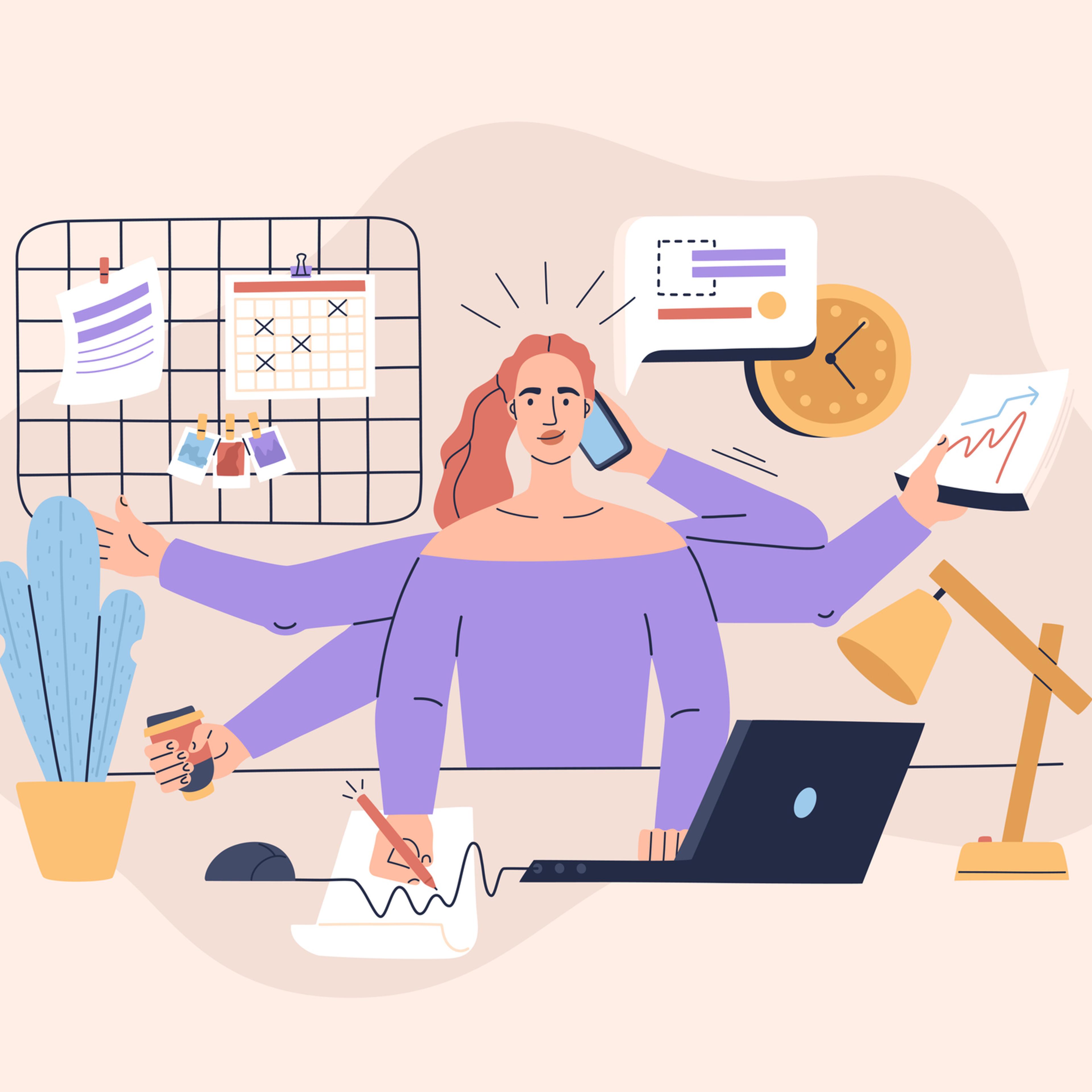 Multitasking girl performs many tasks at the same time. Concept of workplace at home for a freelancer
