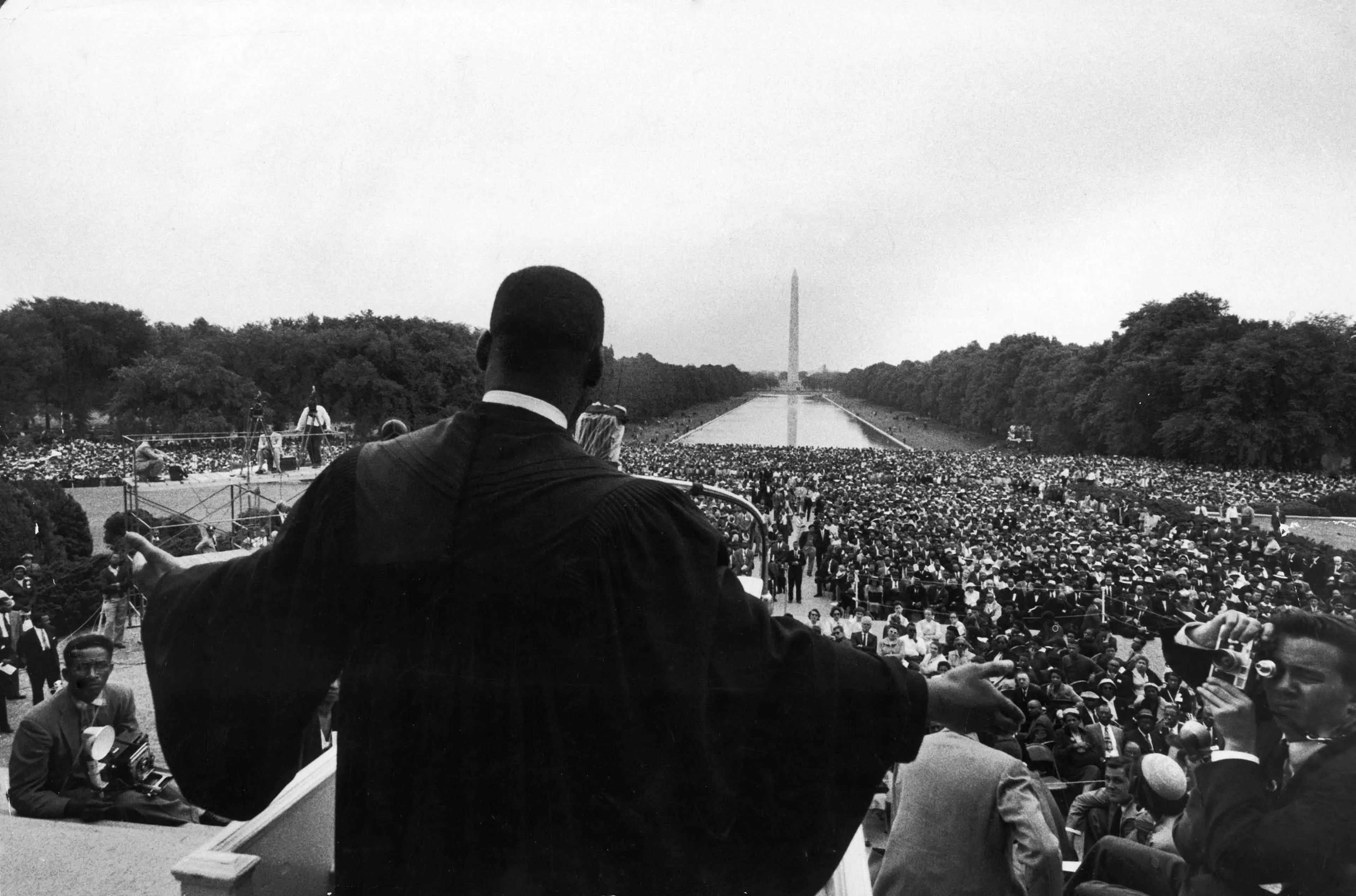 Reverend Martin Luther King Jr. speaks at the landmark Prayer Pilgrimage for Freedom in Washington, DC, one of the earliest mass rallies of the burgeoning Civil Rights Movement. Paul Schutzer took this photograph in 1957, but it did not appear in LIFE un