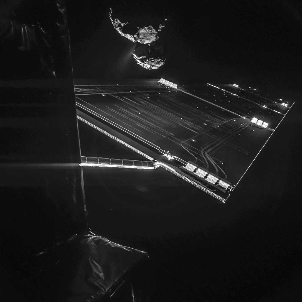 Using the CIVA camera on Rosetta’s Philae lander, the spacecraft have snapped a ‘selfie’ at comet 67P/Churyumov–Gerasimenko from a distance of about 16 km from the surface of the comet. The image was taken on Oct. 7, 2014 and captures the side of the Ros