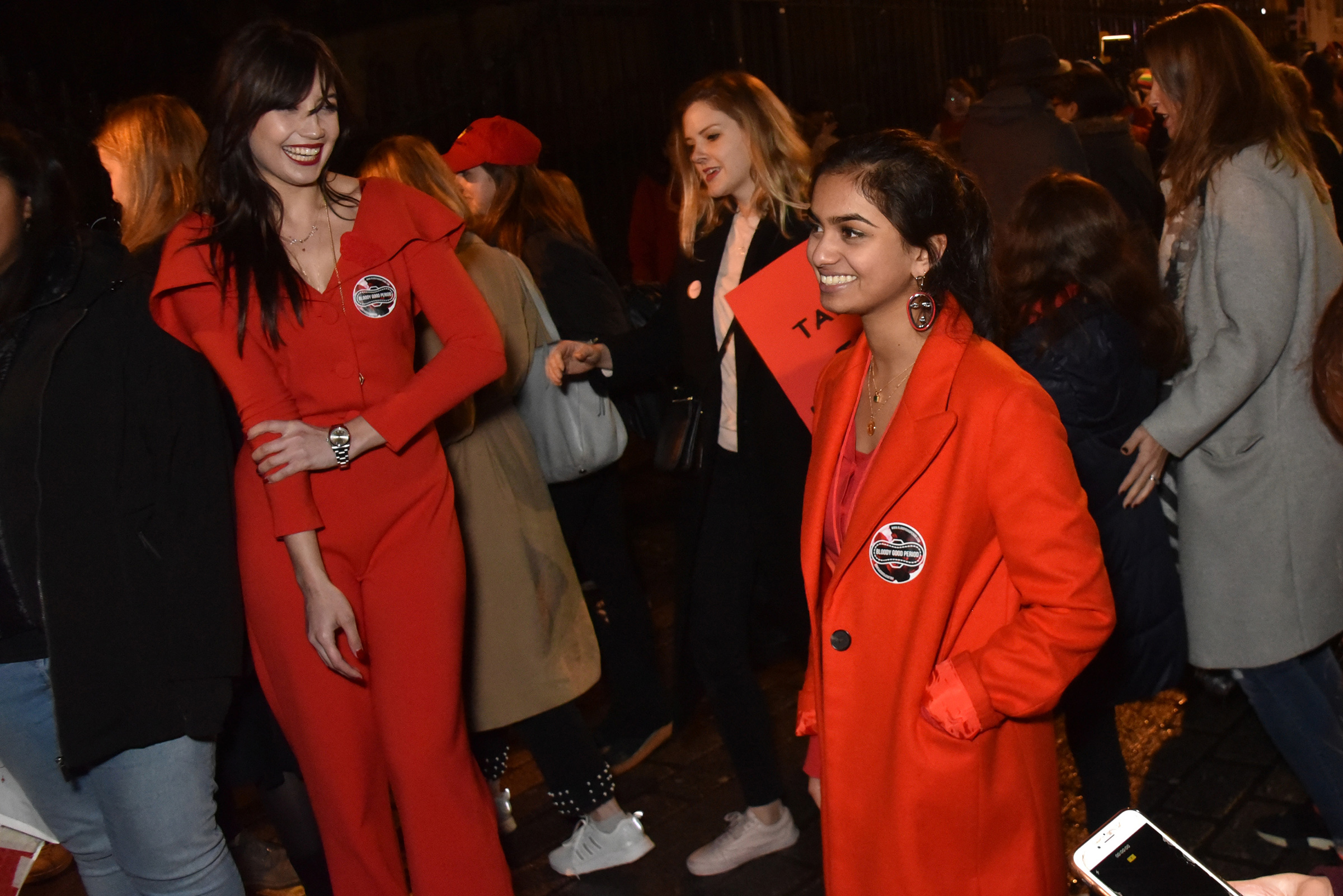 Amika George, right, attends the #FreePeriods Protest at Richmond Terrace in London, Dec. 20, 2017.