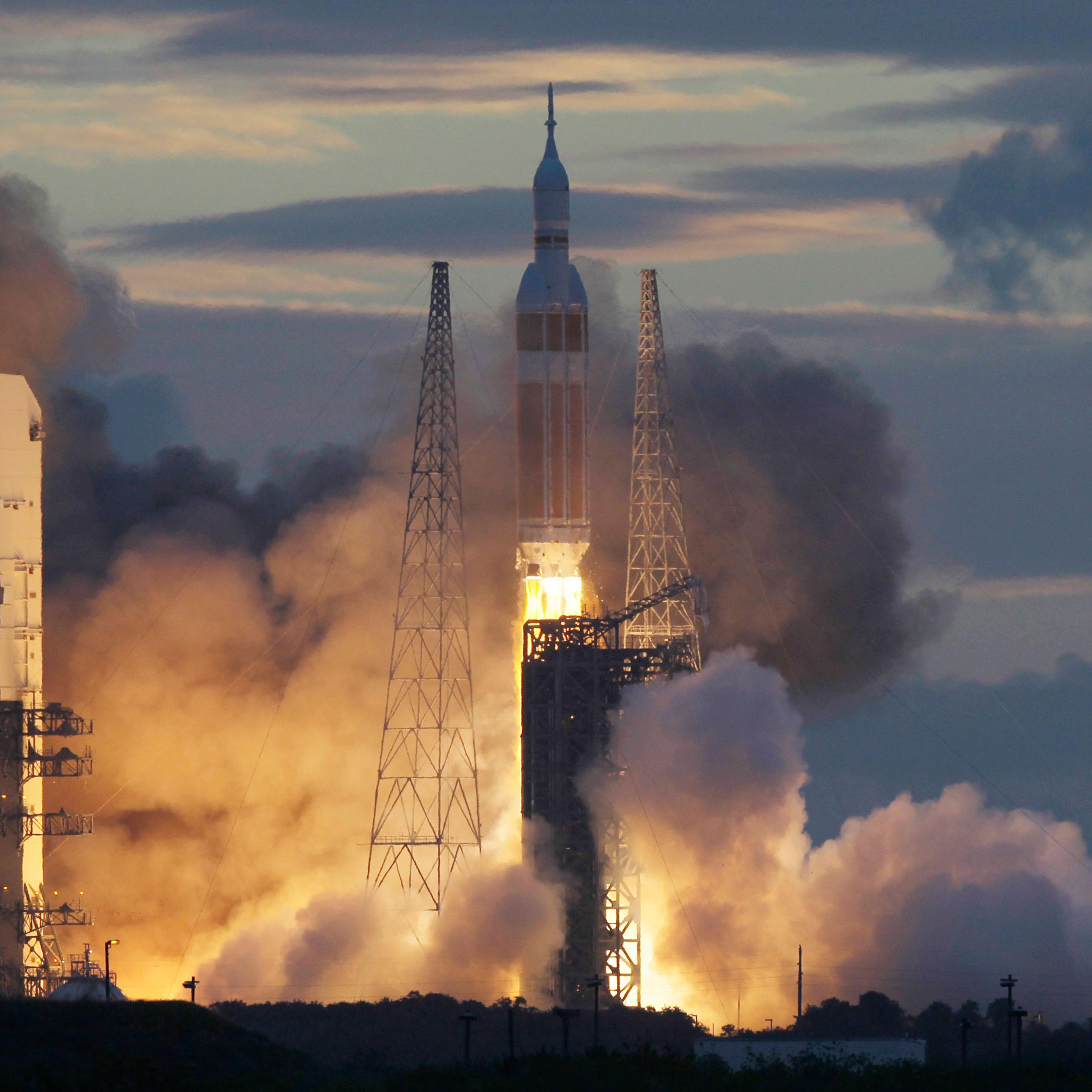 NASA's Orion spacecraft, atop a United Launch Alliance Delta 4-Heavy rocket, lifts off on its first unmanned orbital test flight from the Cape Canaveral Air Force Station on Dec. 5, 2014, in Cape Canaveral, Fla.