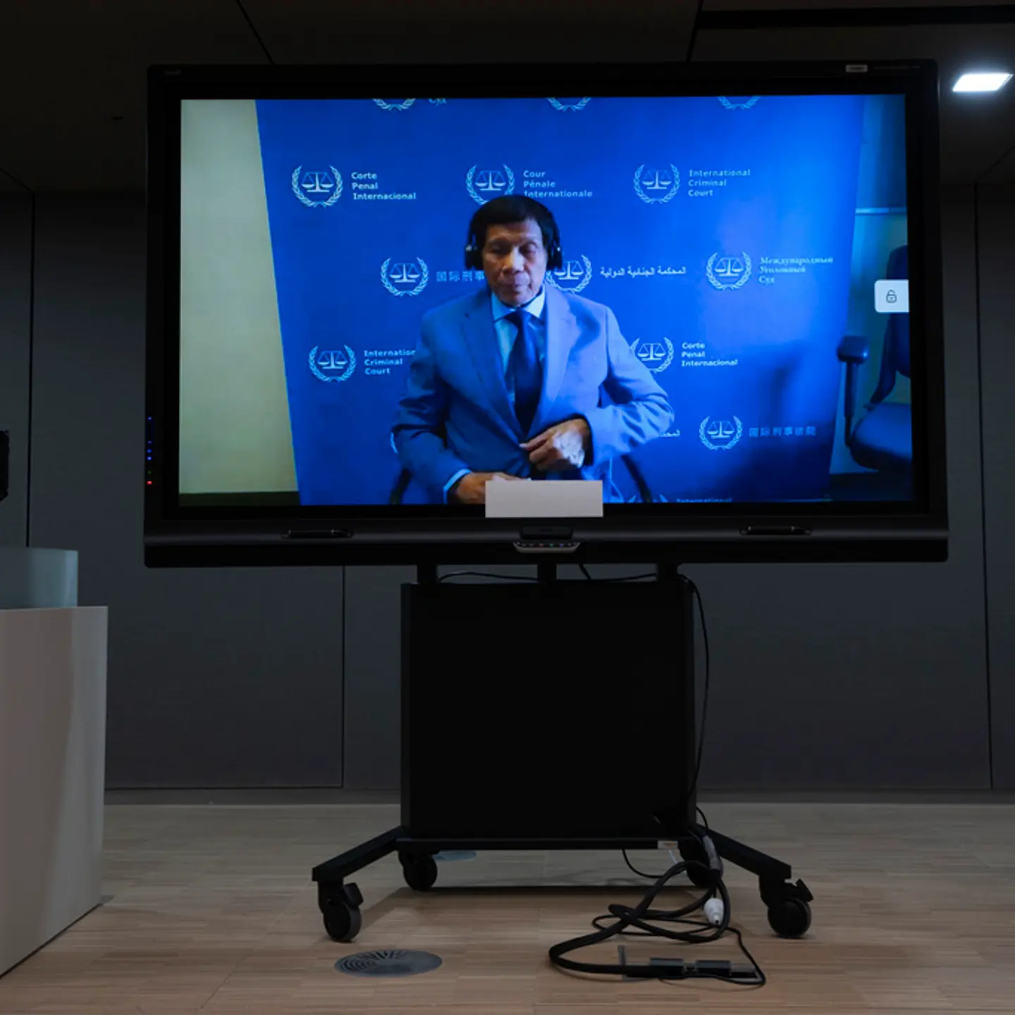 Former Philippine President Rodrigo Duterte is seen on a screen in the courtroom of the International Criminal Court (ICC) in The Hague, Netherlands, on March 14, 2025.