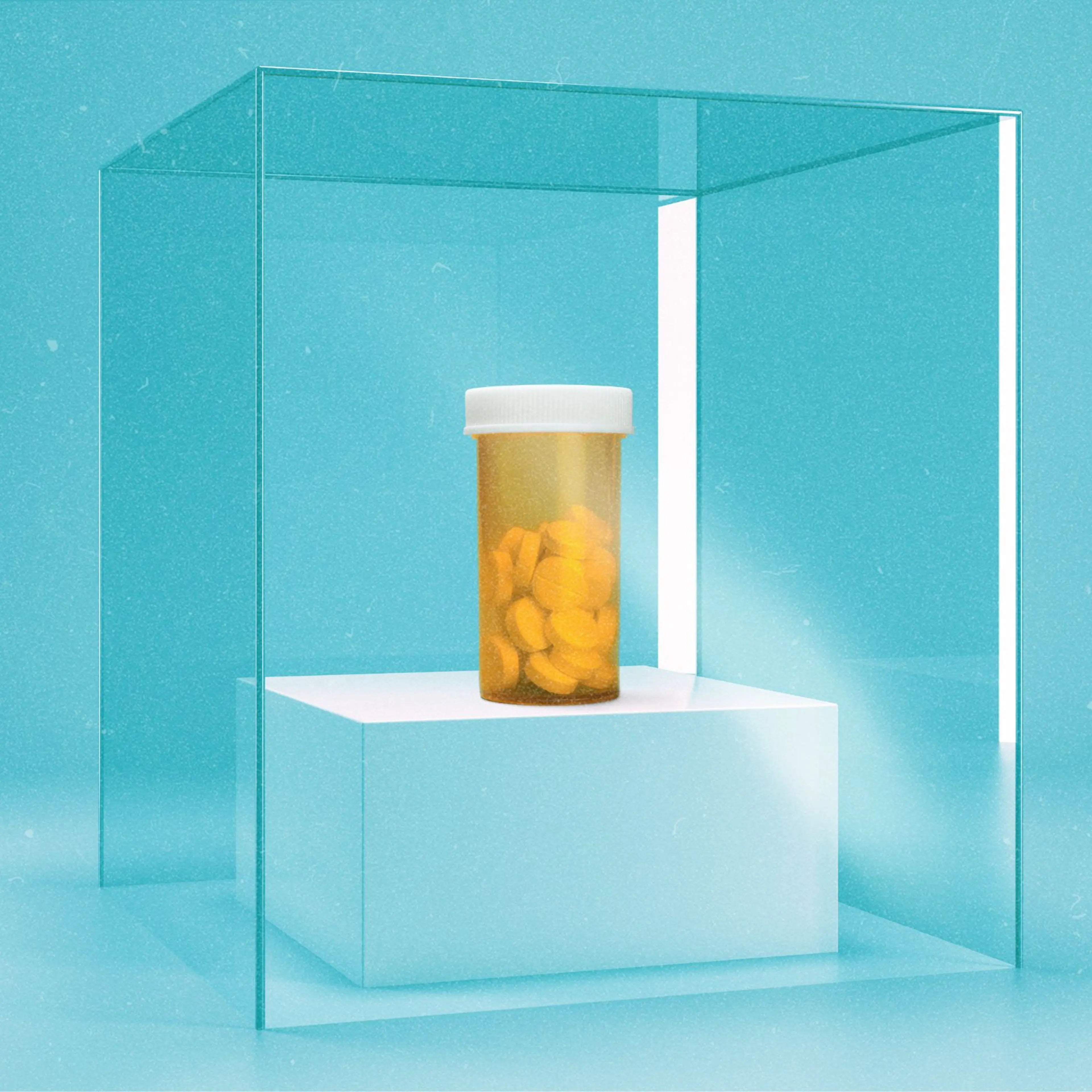 A bottle of bills locked inside of a glass box