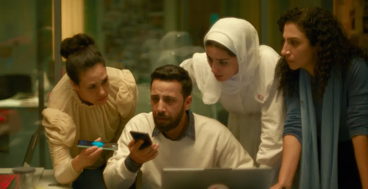 Saja Kilani, Motaz Malhees and Clara Khoury in a scene from The Voice of Hind Rajab