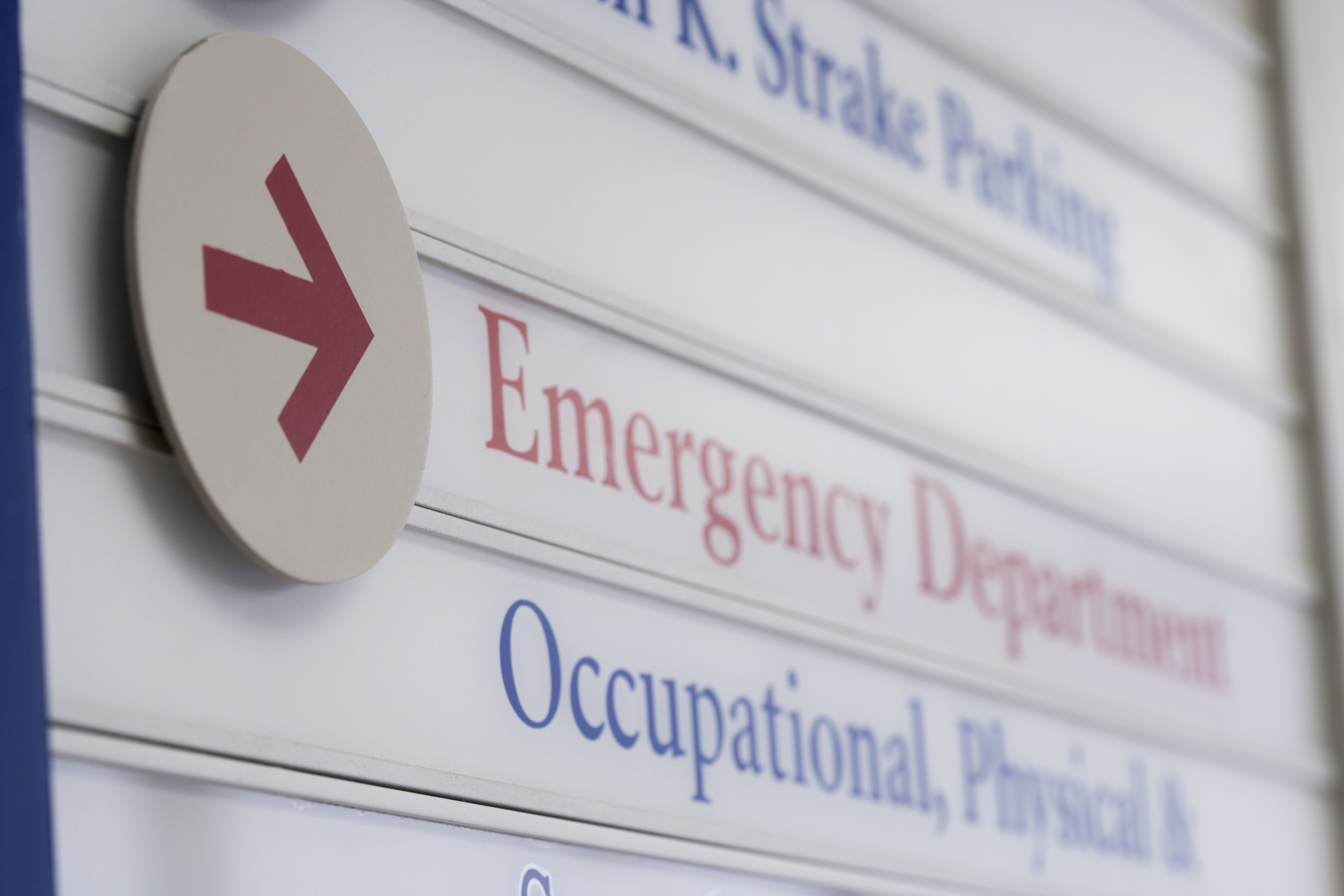 Close up of sign for emergency department in hospital