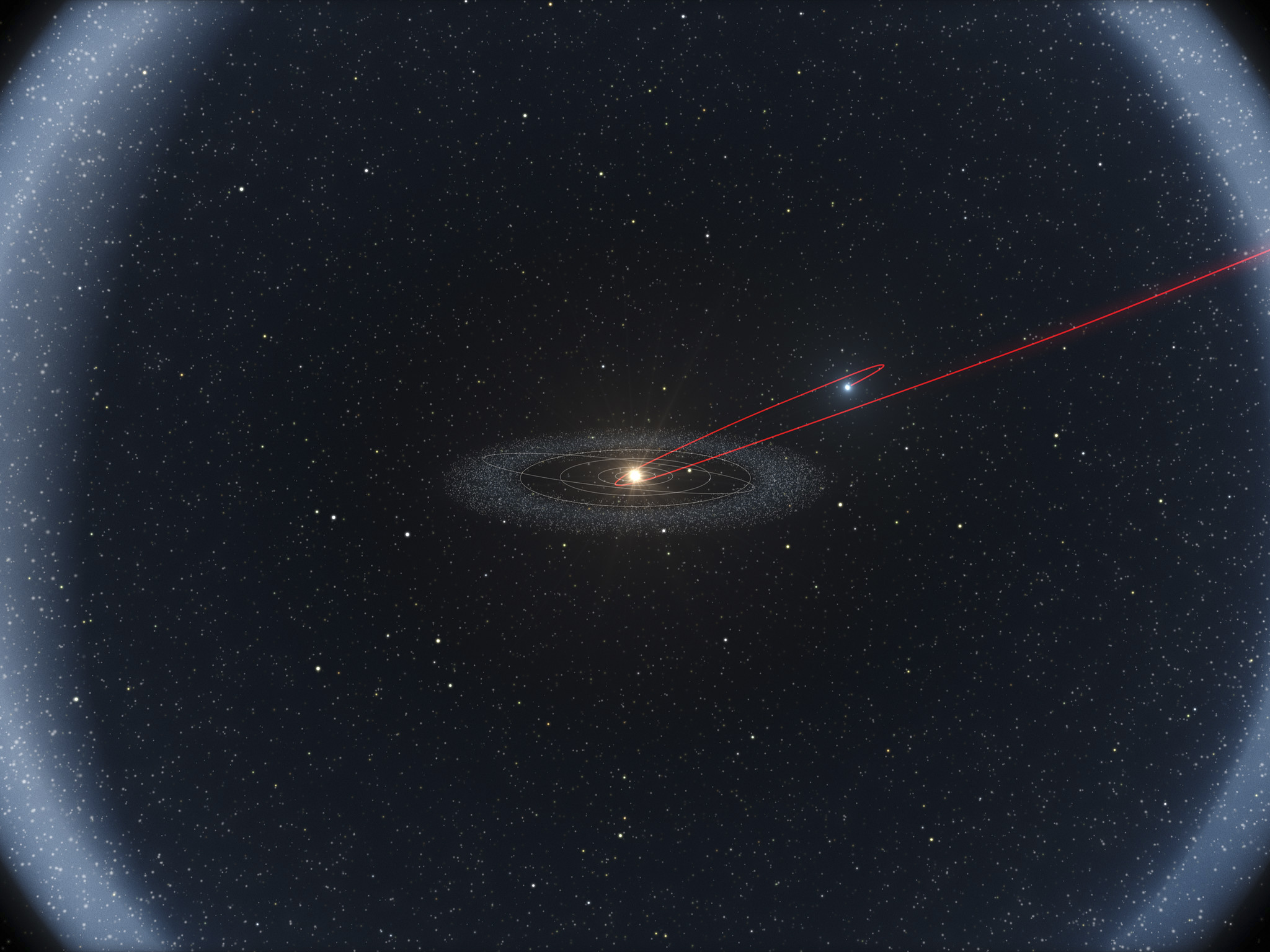 A diagram released by the European Southern Observatory on April 29, 2016, shows the probable history of the first object to be discovered on a long-period cometary orbit—but that has the characteristics of a pristine inner Solar System asteroid—over a p