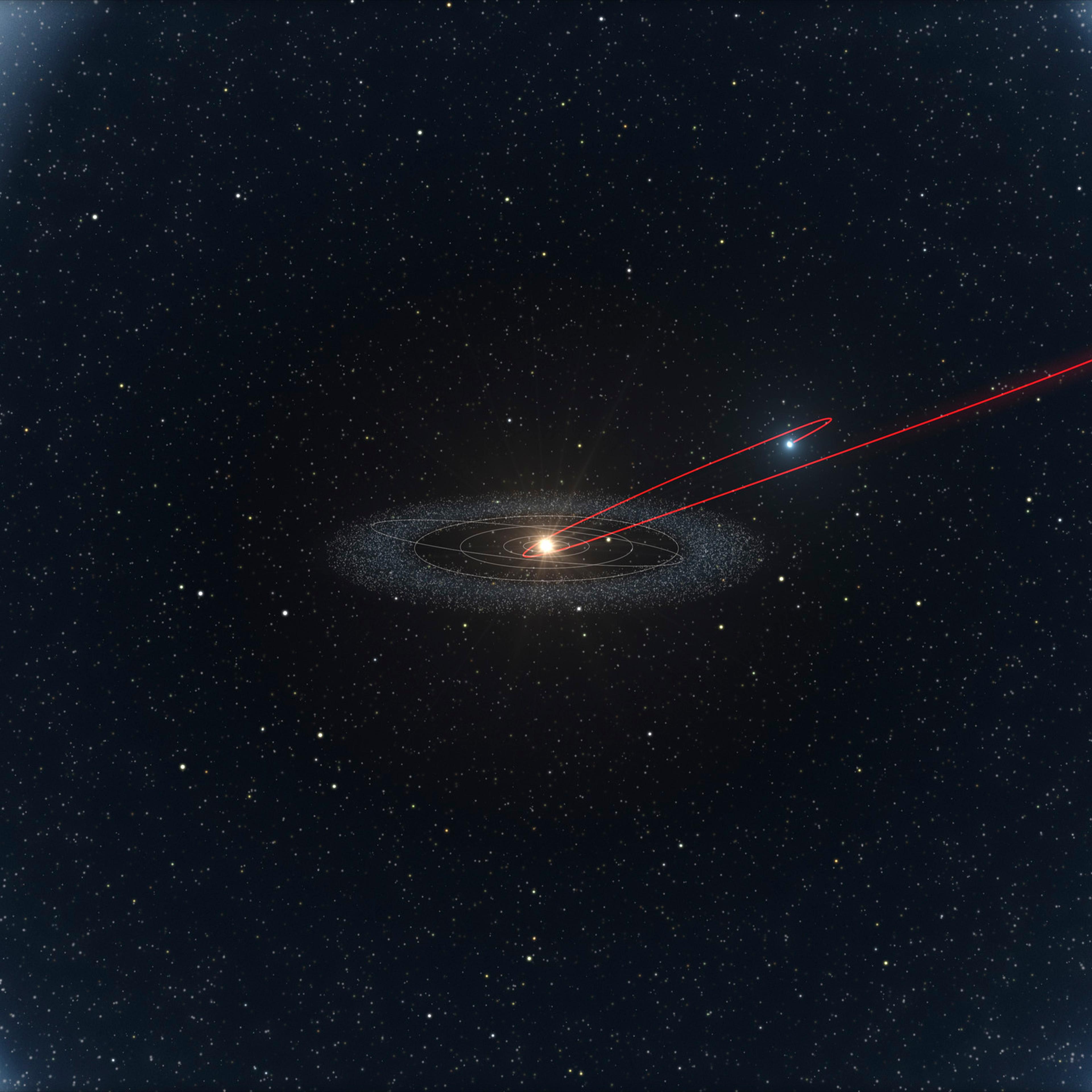 A diagram released by the European Southern Observatory on April 29, 2016, shows the probable history of the first object to be discovered on a long-period cometary orbit—but that has the characteristics of a pristine inner Solar System asteroid—over a p