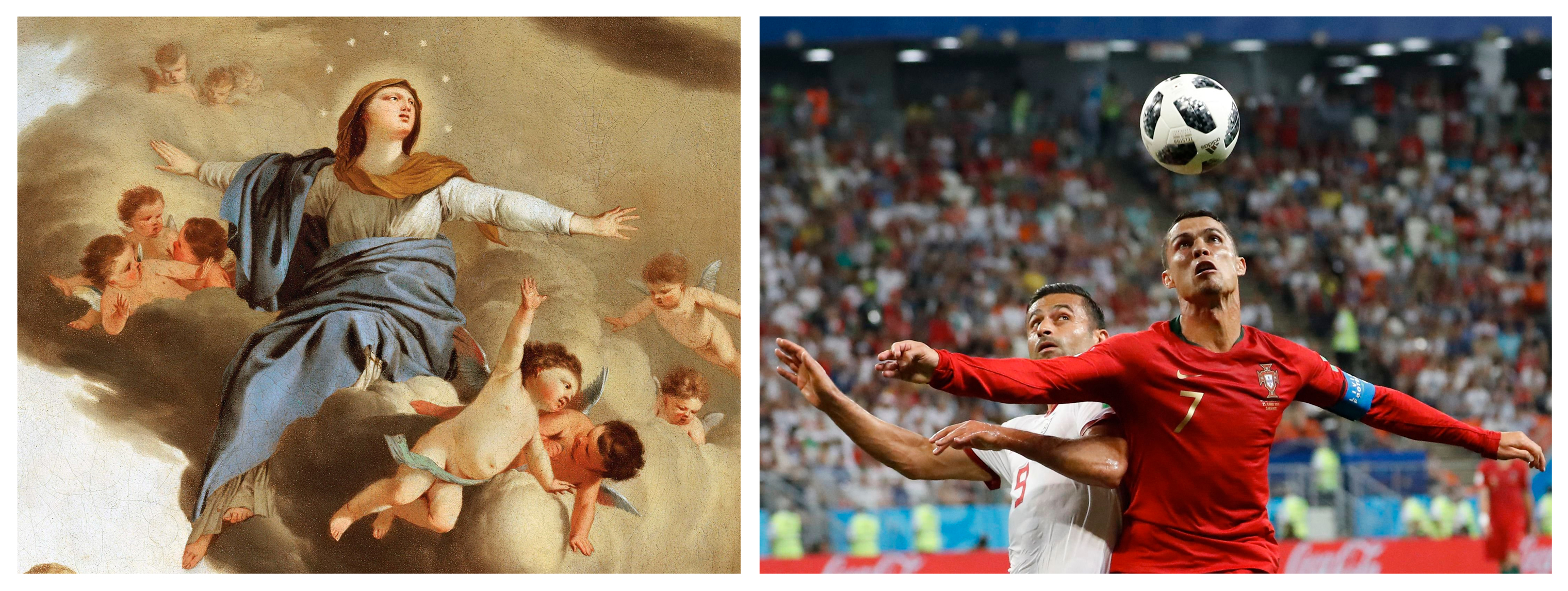 The Assumption of the Blessed Virgin Mary ; Portugal's Cristiano Ronaldo and Iran's Omid Ebrahimi during the Group B match on June 25, 2018.