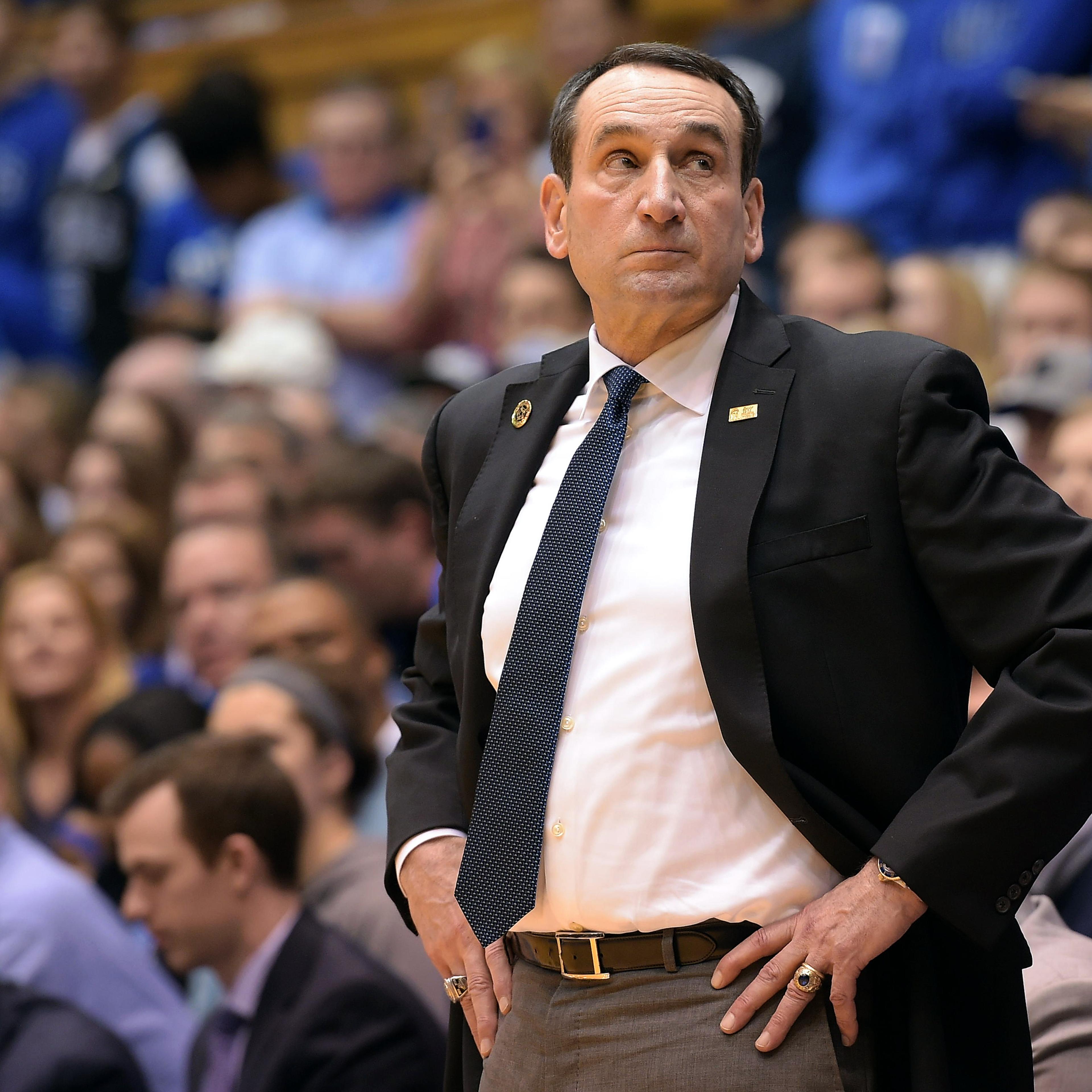 Head coach Mike Krzyzewski of the Duke Blue Devils looks on during their game against the Notre Dame Fighting Irish at Cameron Indoor Stadium on January 16, 2016 in Durham, North Carolina.