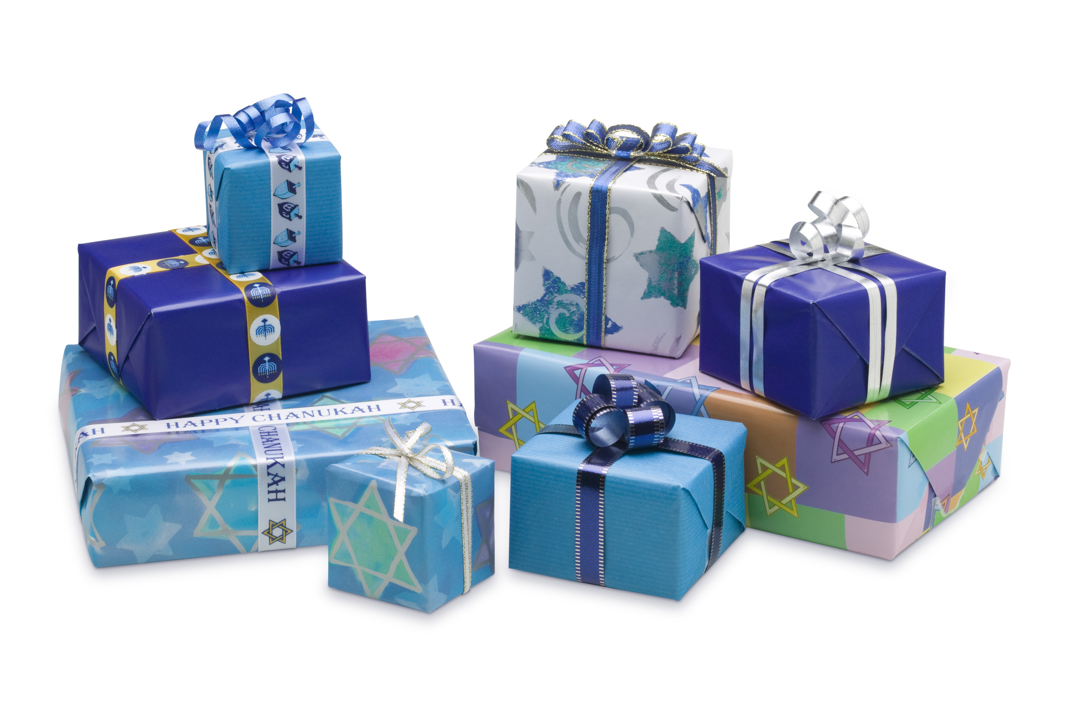 Selection of blue wrapped Hanukkah gifts isolated on white