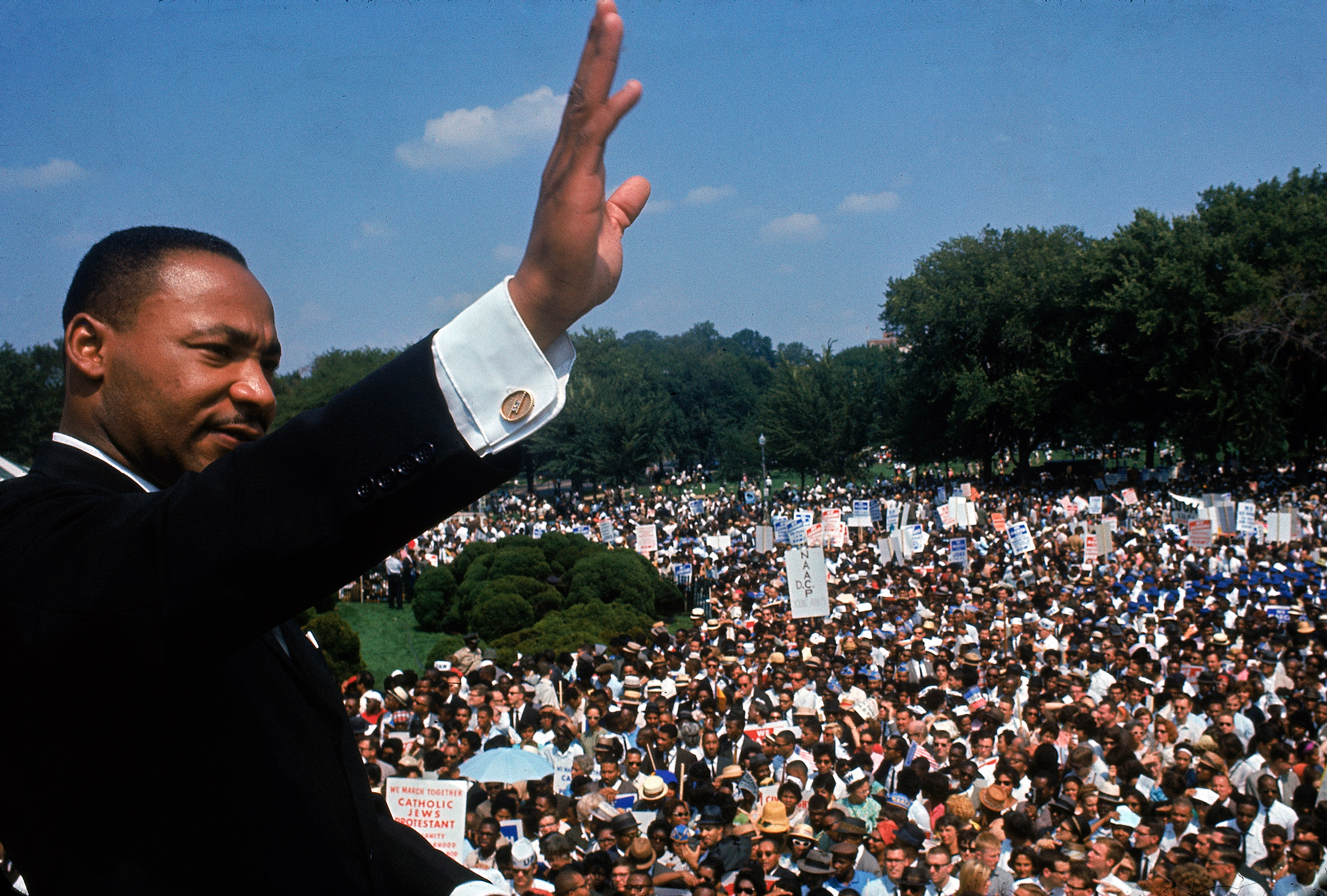 Dr. Martin Luther King Jr. addressing crowd of demonstrators outside the Lincoln Memorial during the March on Washington for Jobs and Freedom on Aug. 28, 1963.