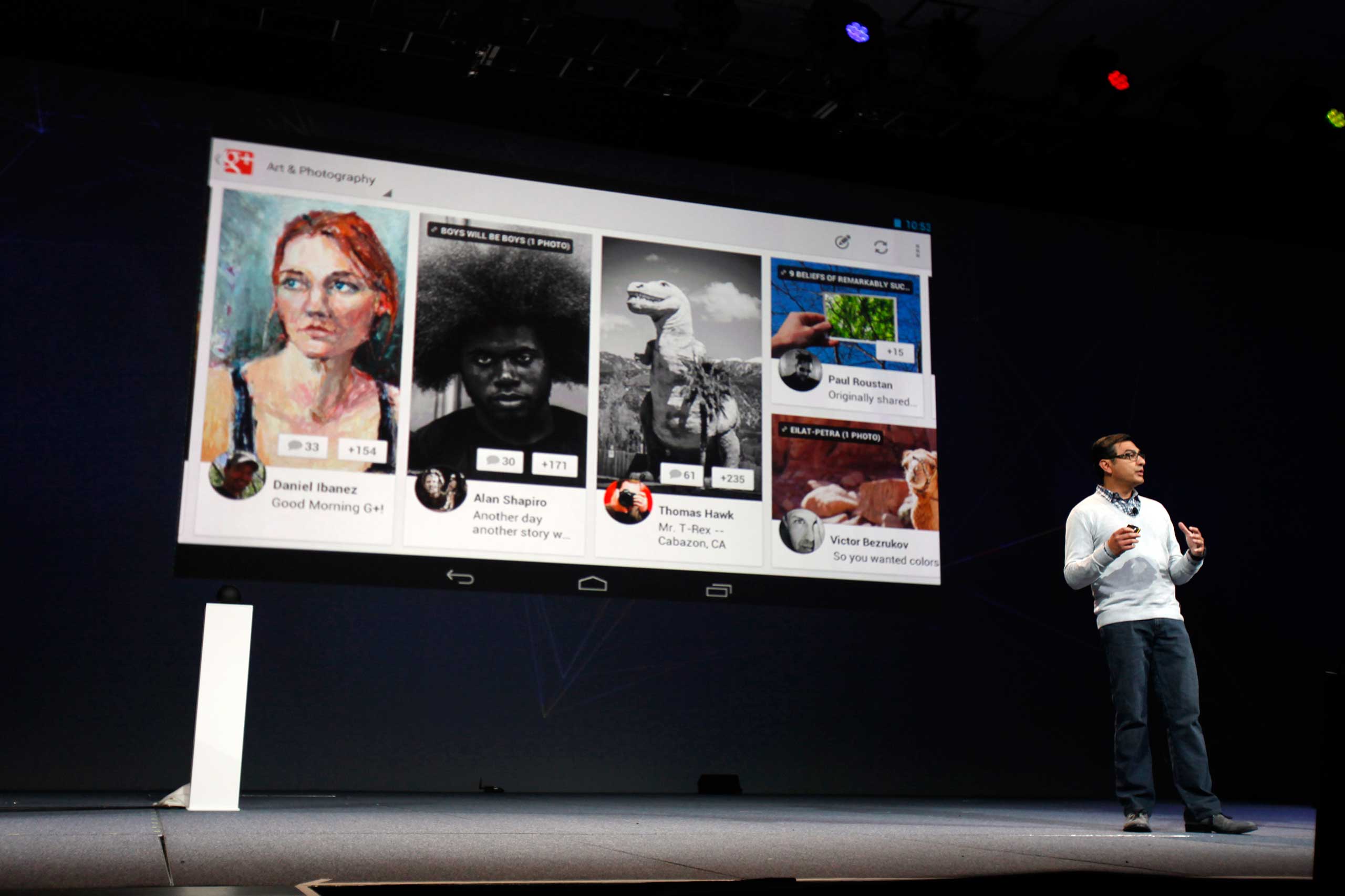 Vic Gundotra, director of product management of Google, demonstrates Google+ on the Nexus 7 tablet during Google I/O 2012 at Moscone Center in San Francisco on June 27, 2012.