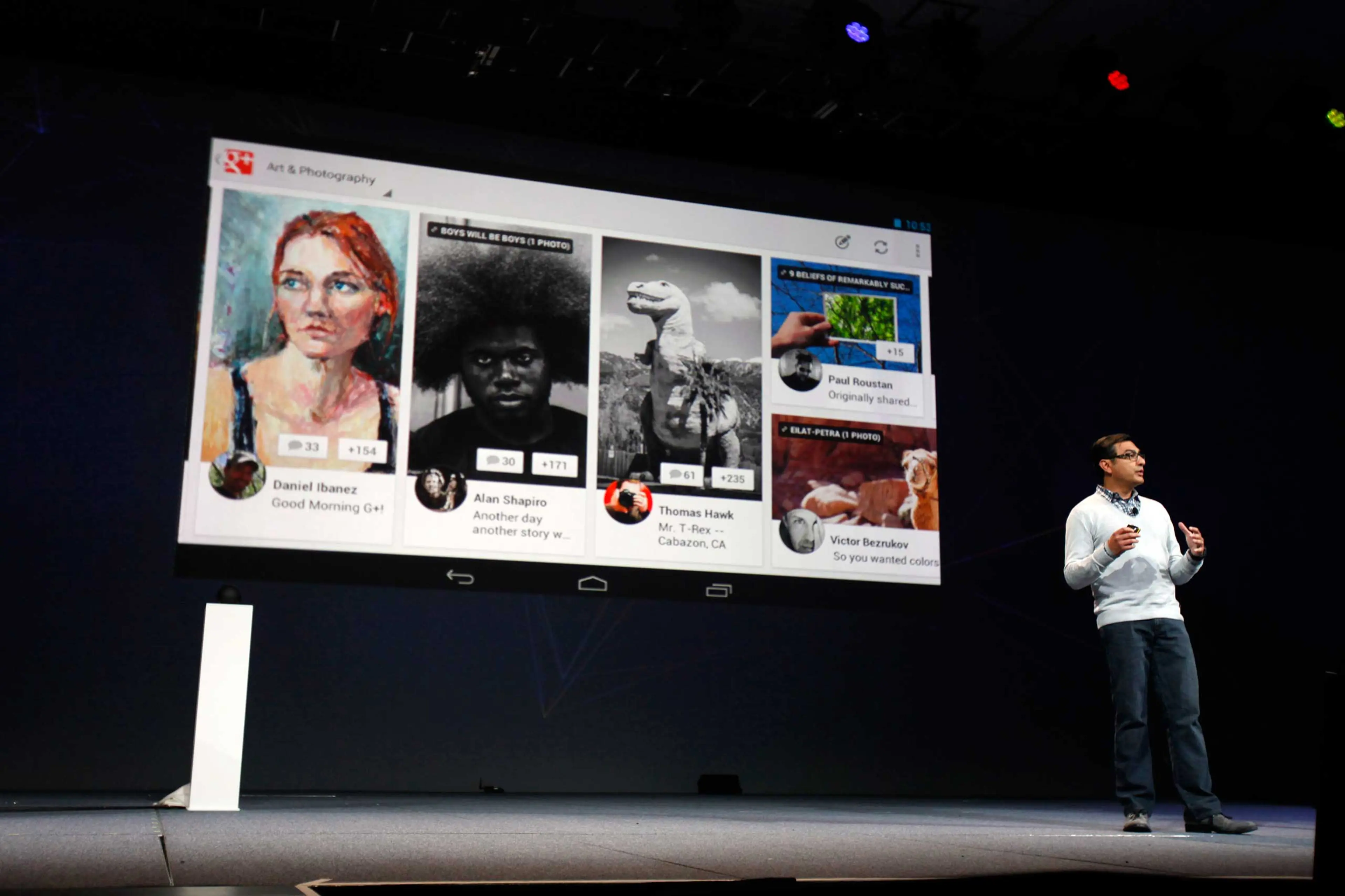 Vic Gundotra, director of product management of Google, demonstrates Google+ on the Nexus 7 tablet during Google I/O 2012 at Moscone Center in San Francisco on June 27, 2012.