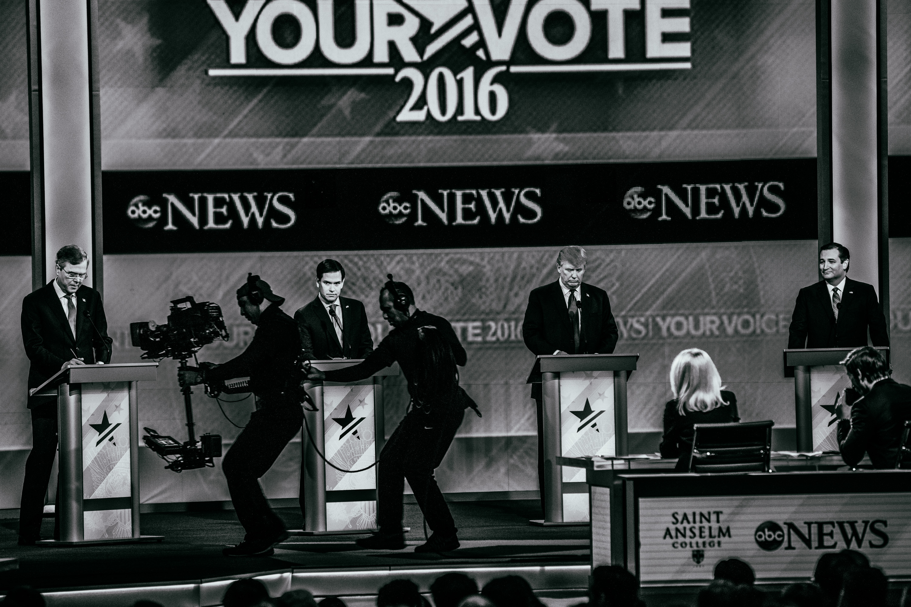 Republican presidential candidates, from left, Jeb Bush, Marco Rubio, Donald Trump and Ted Cruz appear during the Republican presidential debate on Feb. 6, 2016, in Manchester, N.H.