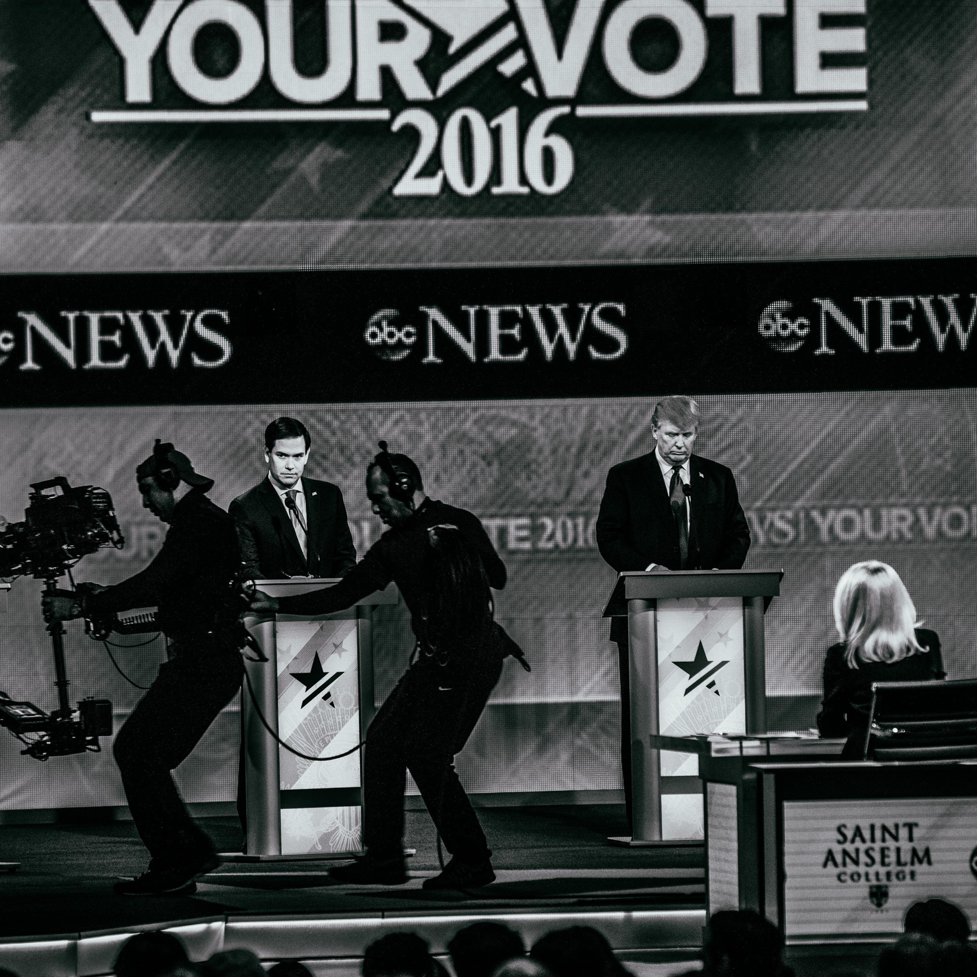 Republican presidential candidates, from left, Jeb Bush, Marco Rubio, Donald Trump and Ted Cruz appear during the Republican presidential debate on Feb. 6, 2016, in Manchester, N.H.